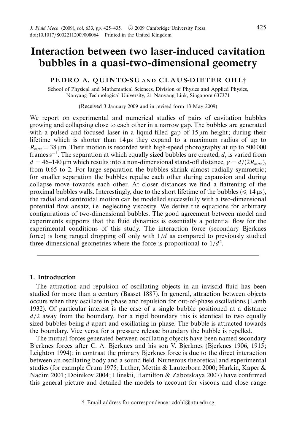 Interaction between two laser-induced cavitation bubbles in a quasi-two-dimensional geometry by PEDRO A. QUINTO-SU CLAUS-DIETER OHL