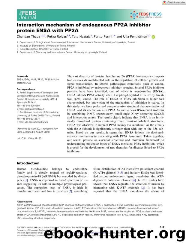 Interaction mechanism of endogenous PP2A inhibitor protein ENSA with PP2A by Unknown