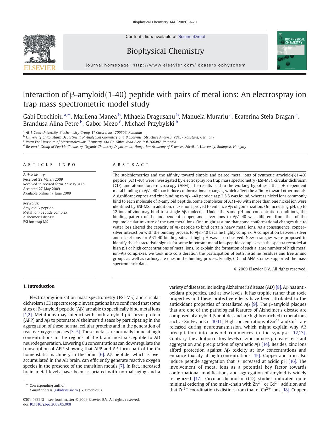 Interaction of Î²-amyloid(1-40) peptide with pairs of metal ions: An electrospray ion trap mass spectrometric model study by unknow