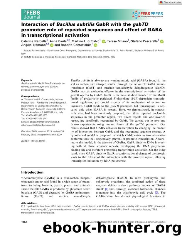 Interaction of Bacillus subtilis GabR with the gabTD promoter: role of repeated sequences and effect of GABA in transcriptional activation by Unknown