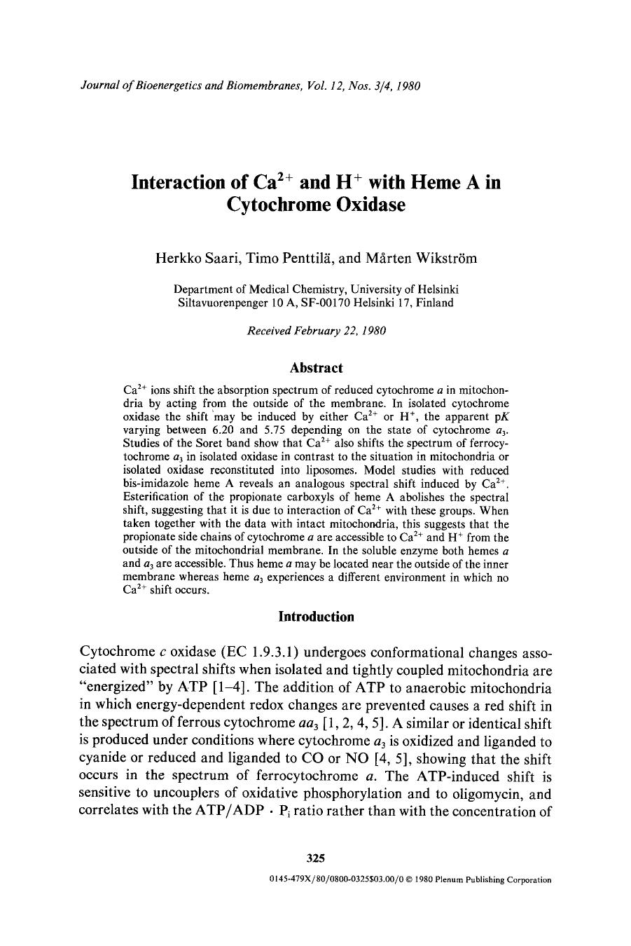 Interaction of Ca <Superscript>2+ <Superscript> and H <Superscript>+ <Superscript> with heme A in cytochrome oxidase by Unknown