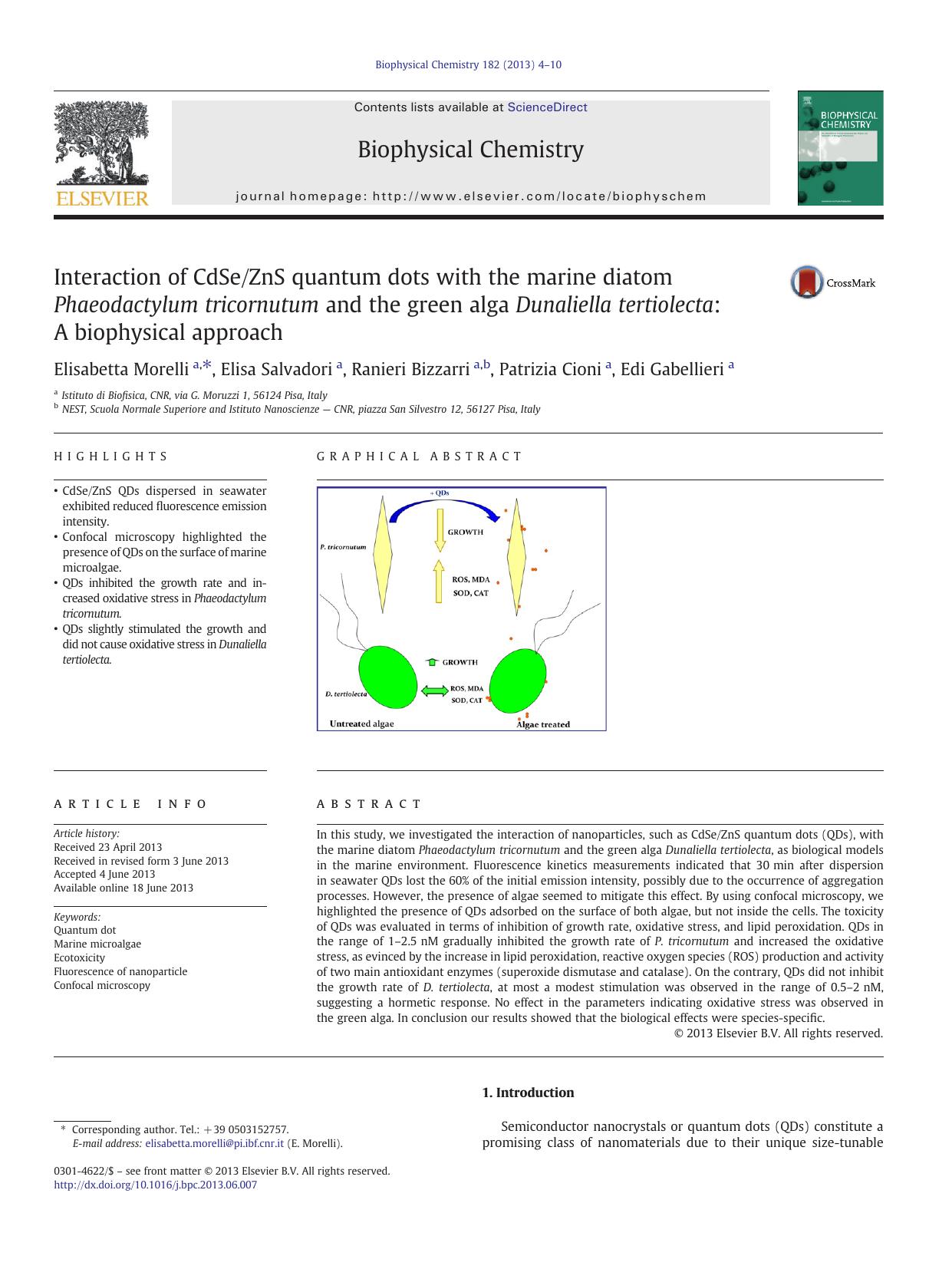 Interaction of CdSeZnS quantum dots with the marine diatom Phaeodactylum tricornutum and the green alga Dunaliella tertiolecta: A biophysical approach by Elisabetta Morelli & Elisa Salvadori & Ranieri Bizzarri & Patrizia Cioni & Edi Gabellieri