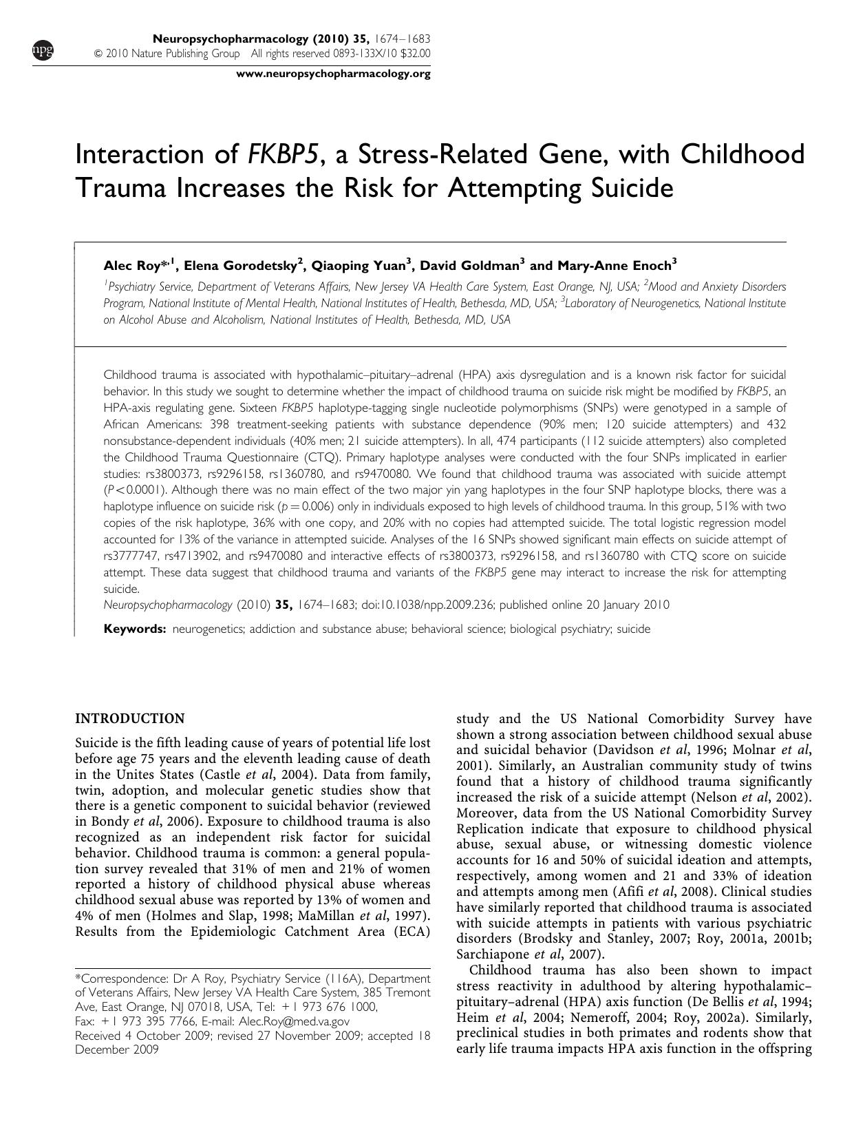Interaction of FKBP5, a Stress-Related Gene, with Childhood Trauma Increases the Risk for Attempting Suicide by Alec Roy & Elena Gorodetsky & Qiaoping Yuan & David Goldman & Mary-Anne Enoch