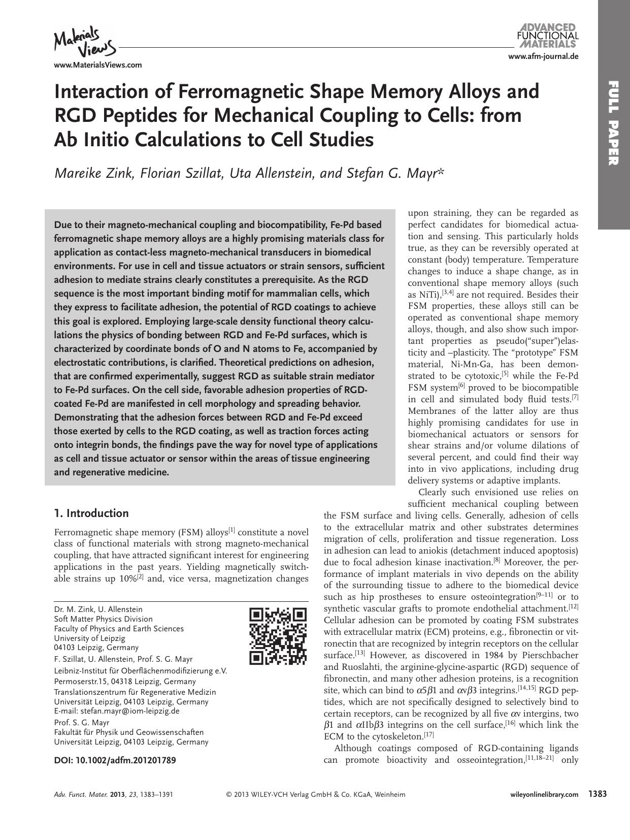 Interaction of Ferromagnetic Shape Memory Alloys and RGD Peptides for Mechanical Coupling to Cells: from Ab Initio Calculations to Cell Studies by wbpm