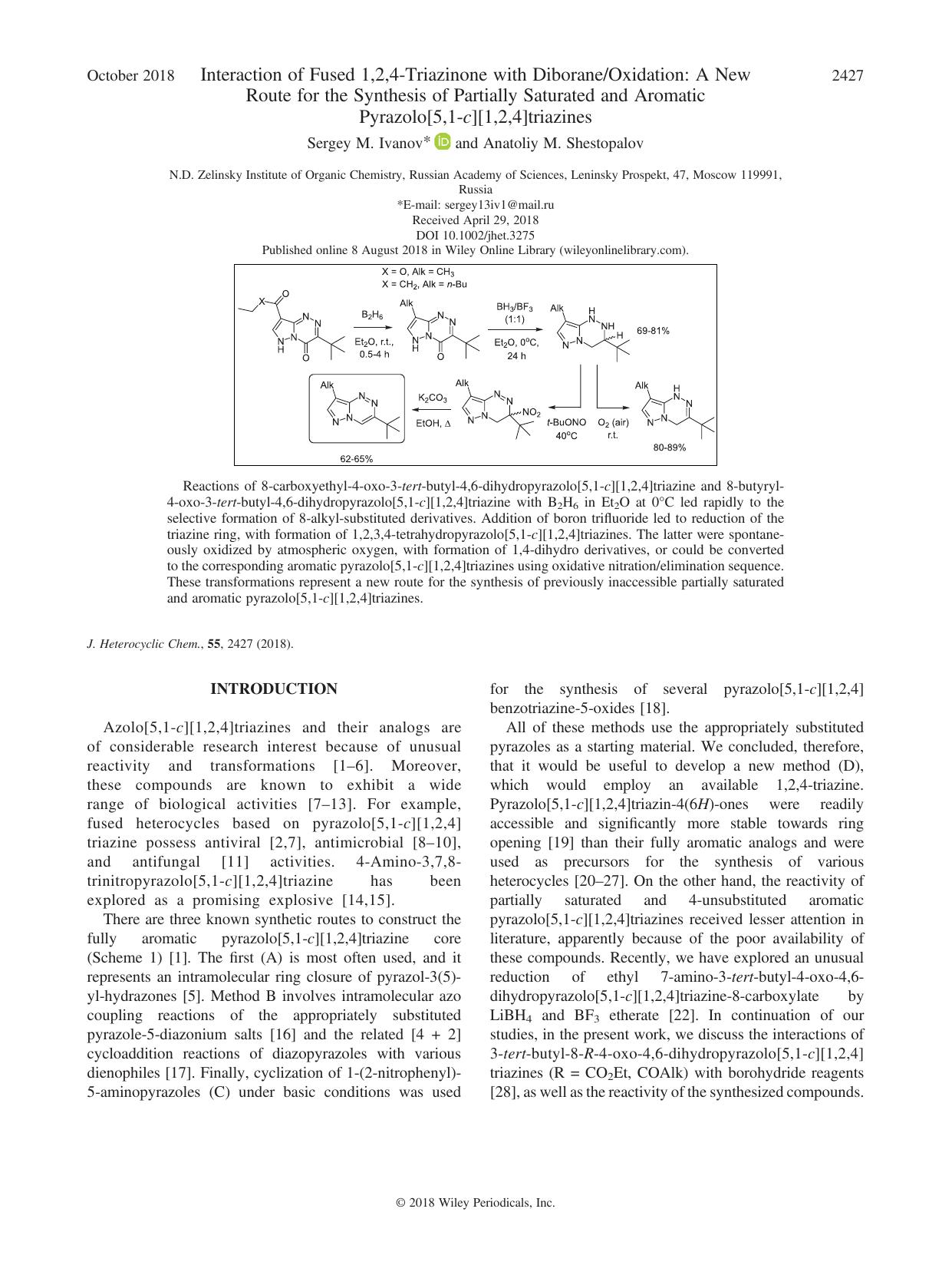Interaction of Fused 1,2,4-Triazinone with DiboraneOxidation: A New Route for the Synthesis of Partially Saturated and Aromatic Pyrazolo[5,1-c][1,2,4]triazines by Sergey M. Ivanov & Anatoliy M. Shestopalov