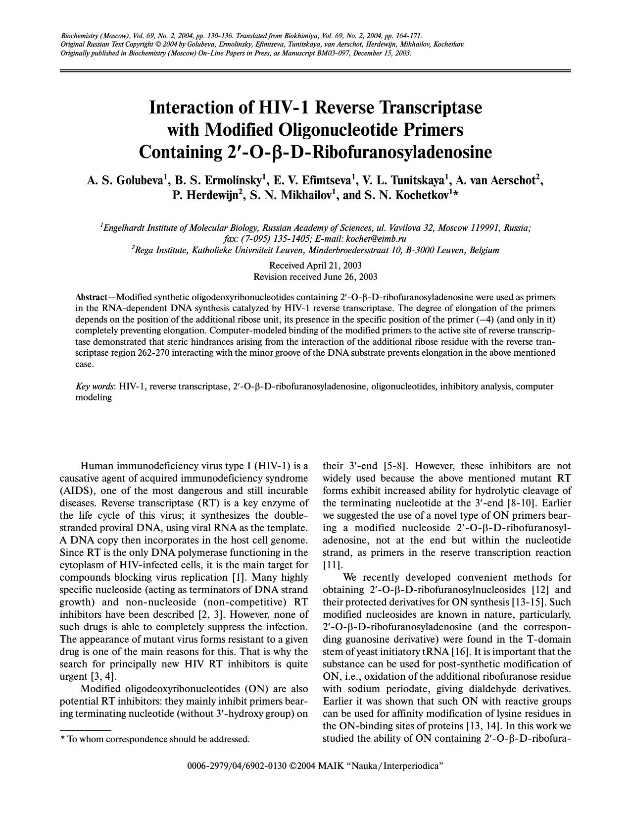 Interaction of HIV-1 Reverse Transcriptase with Modified Oligonucleotide Primers Containing 2′-O-β-D-Ribofuranosyladenosine by Unknown
