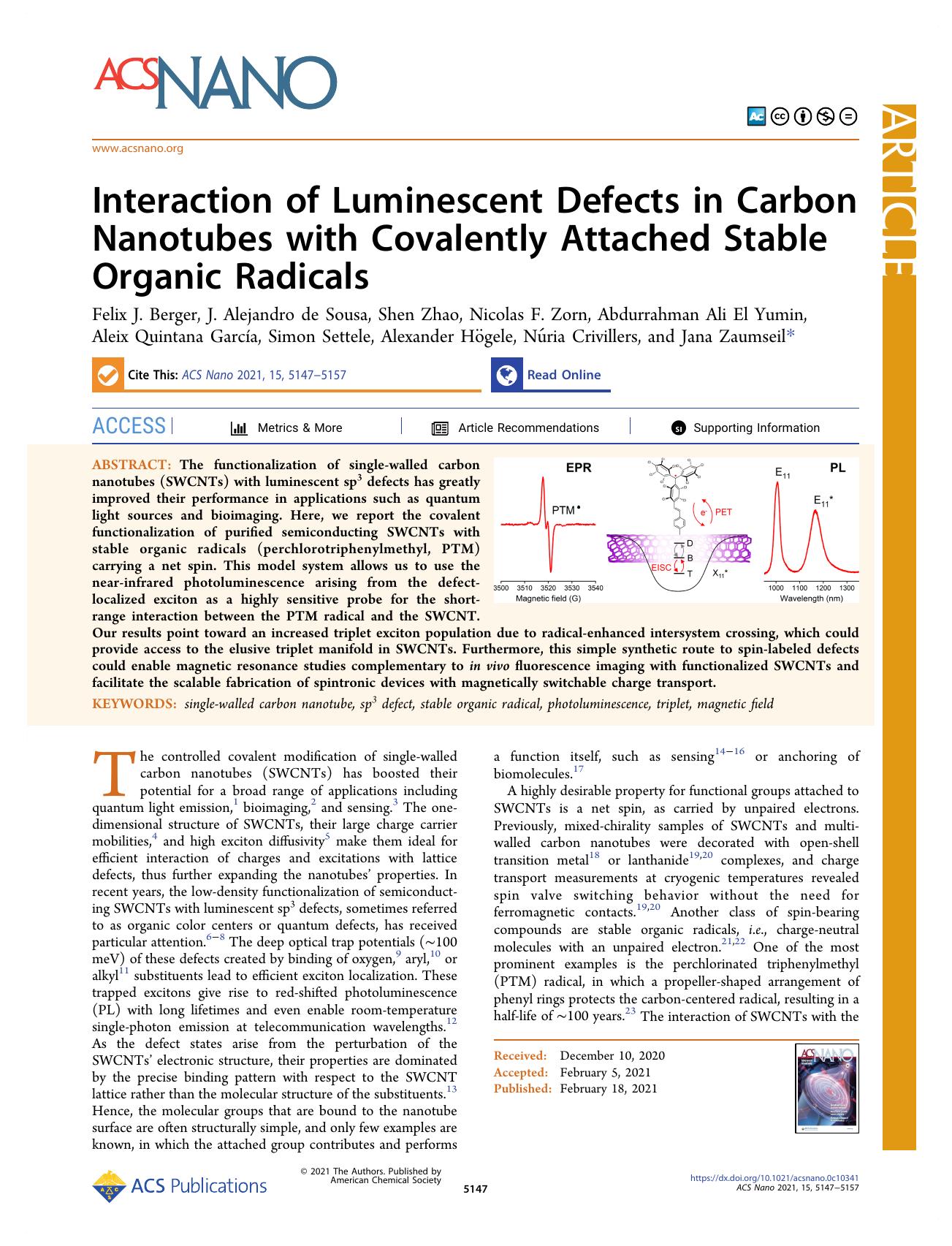 Interaction of Luminescent Defects in Carbon Nanotubes with Covalently Attached Stable Organic Radicals by unknow