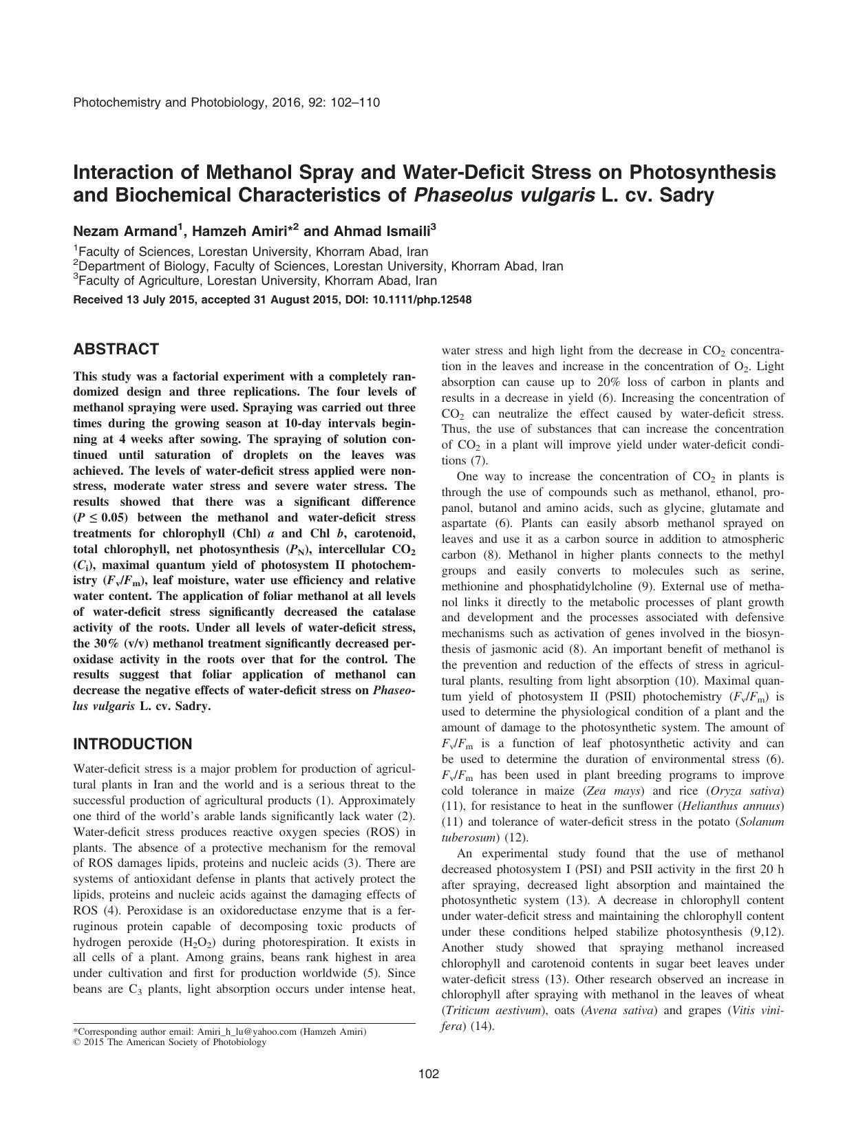 Interaction of Methanol Spray and Water&#x2010;Deficit Stress on Photosynthesis and Biochemical Characteristics of Phaseolus vulgaris L. cv. Sadry by Unknown