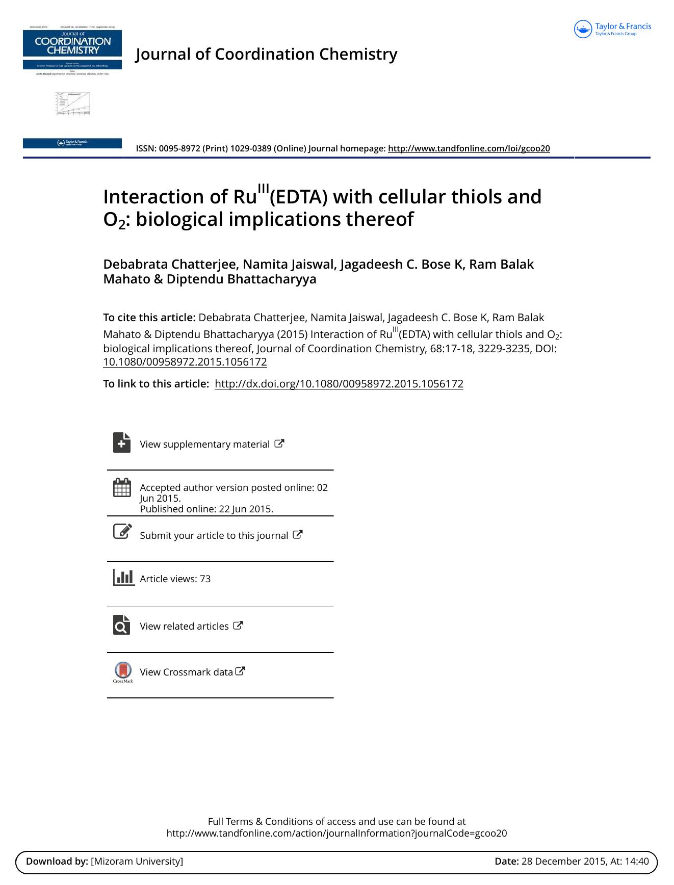 Interaction of RuIII(EDTA) with cellular thiols and O2: biological implications thereof by Debabrata Chatterjee