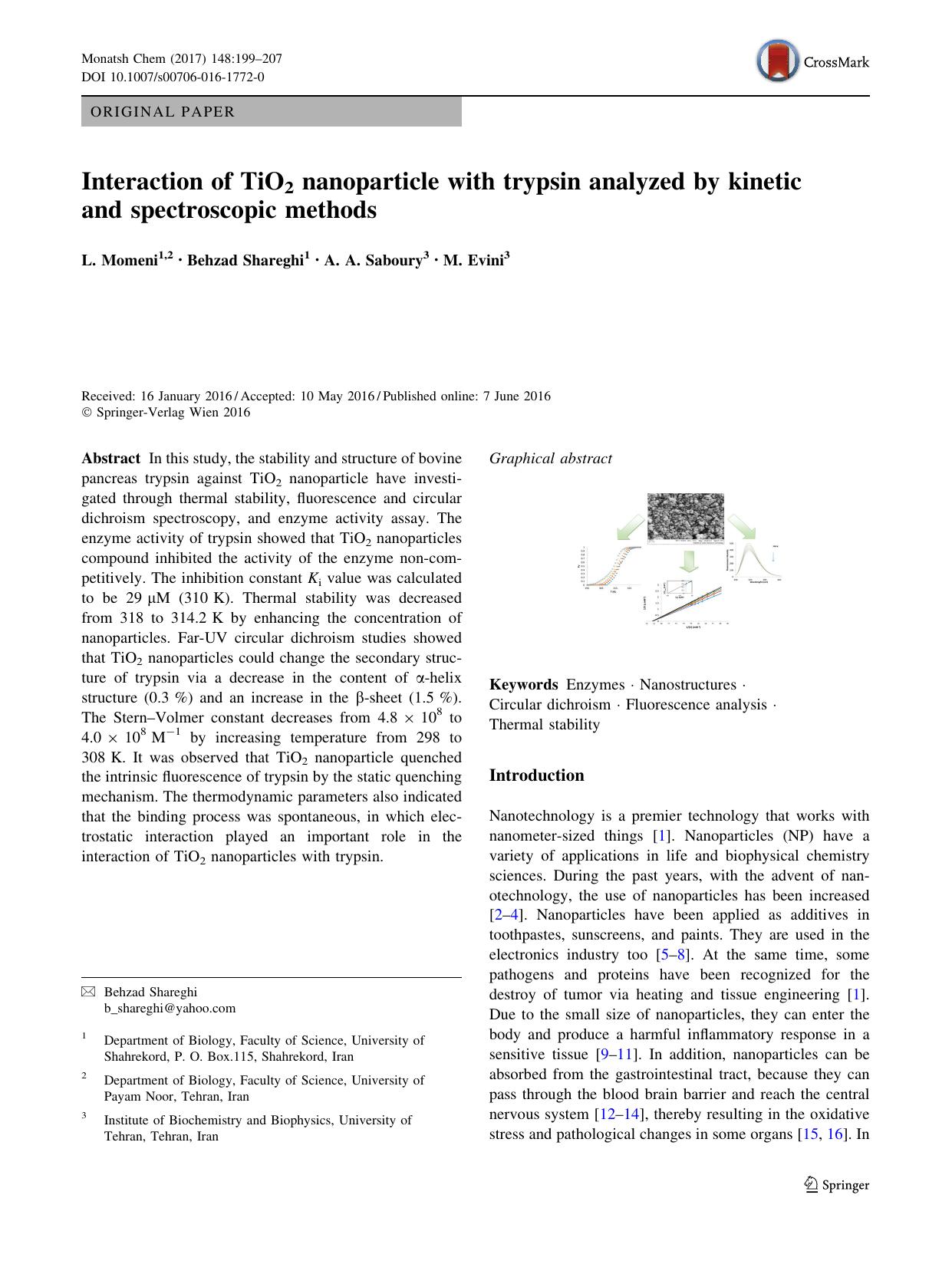 Interaction of TiO2 nanoparticle with trypsin analyzed by kinetic and spectroscopic methods by L. Momeni & Behzad Shareghi & A. A. Saboury & M. Evini