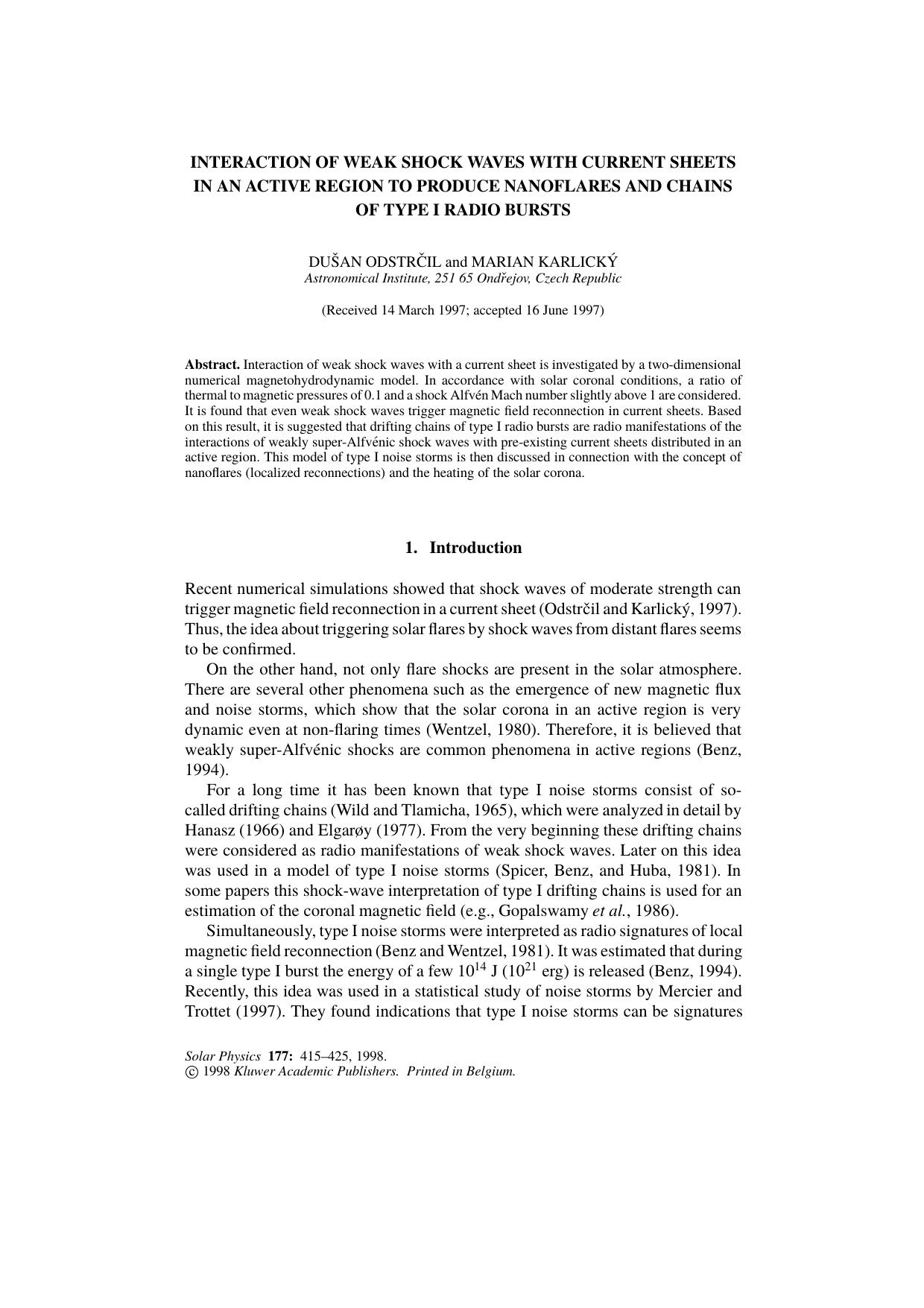 Interaction of Weak Shock Waves with Current Sheets in an Active Region to Produce Nanoflares and Chains of Type I Radio Bursts by Unknown