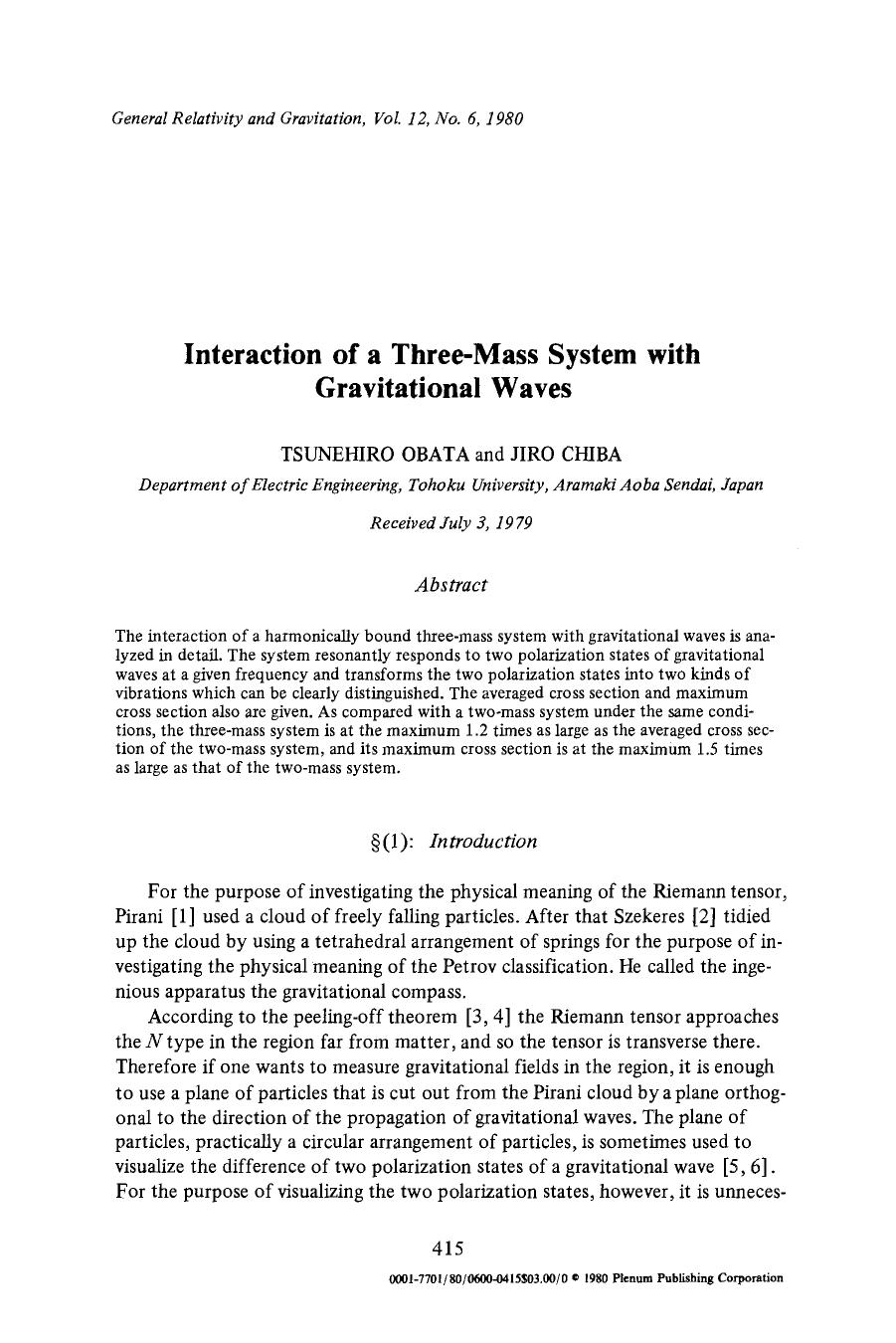 Interaction of a three-mass system with gravitational waves by Unknown