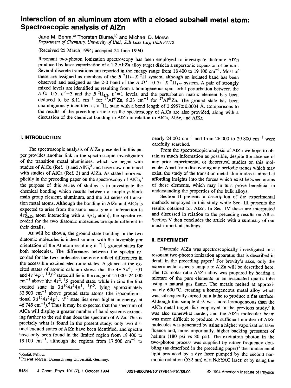 Interaction of an aluminum atom with a closed subshell metal atom: Spectroscopic analysis of AlZn by Jane M. Behm; Thorsten Blume; Michael D. Morse