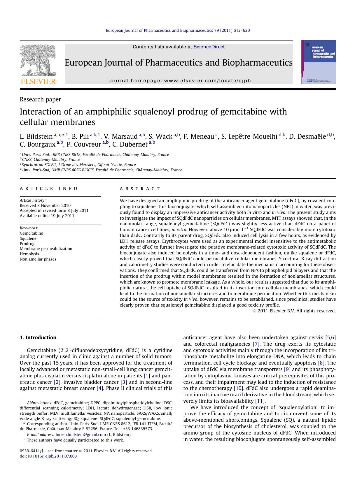 Interaction of an amphiphilic squalenoyl prodrug of gemcitabine with cellular membranes by unknow
