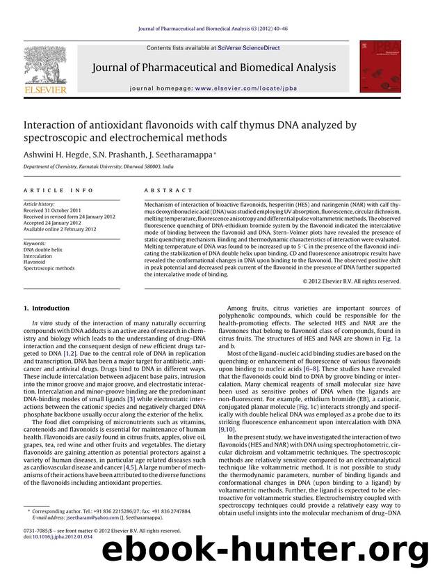 Interaction of antioxidant flavonoids with calf thymus DNA analyzed by spectroscopic and electrochemical methods by Ashwini H. Hegde