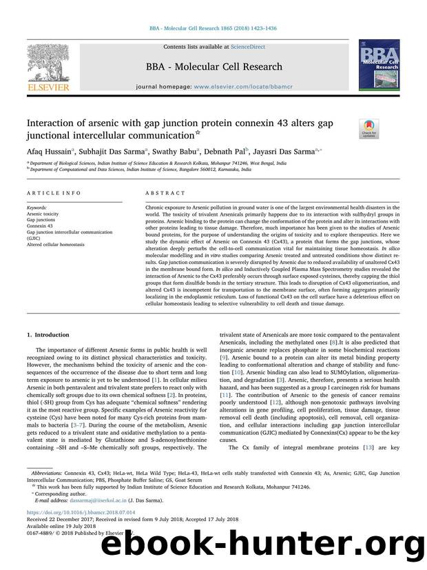 Interaction of arsenic with gap junction protein connexin 43 alters gap junctional intercellular communication by Afaq Hussain & Subhajit Das Sarma & Swathy Babu & Debnath Pal & Jayasri Das Sarma