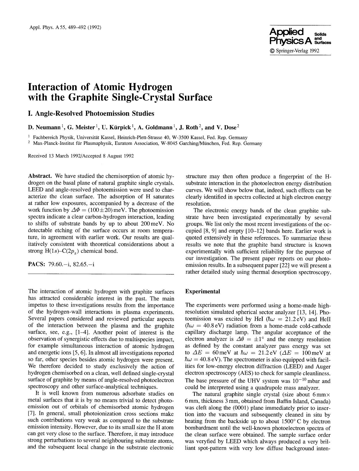 Interaction of atomic hydrogen with the graphite single-crystal surface by Unknown