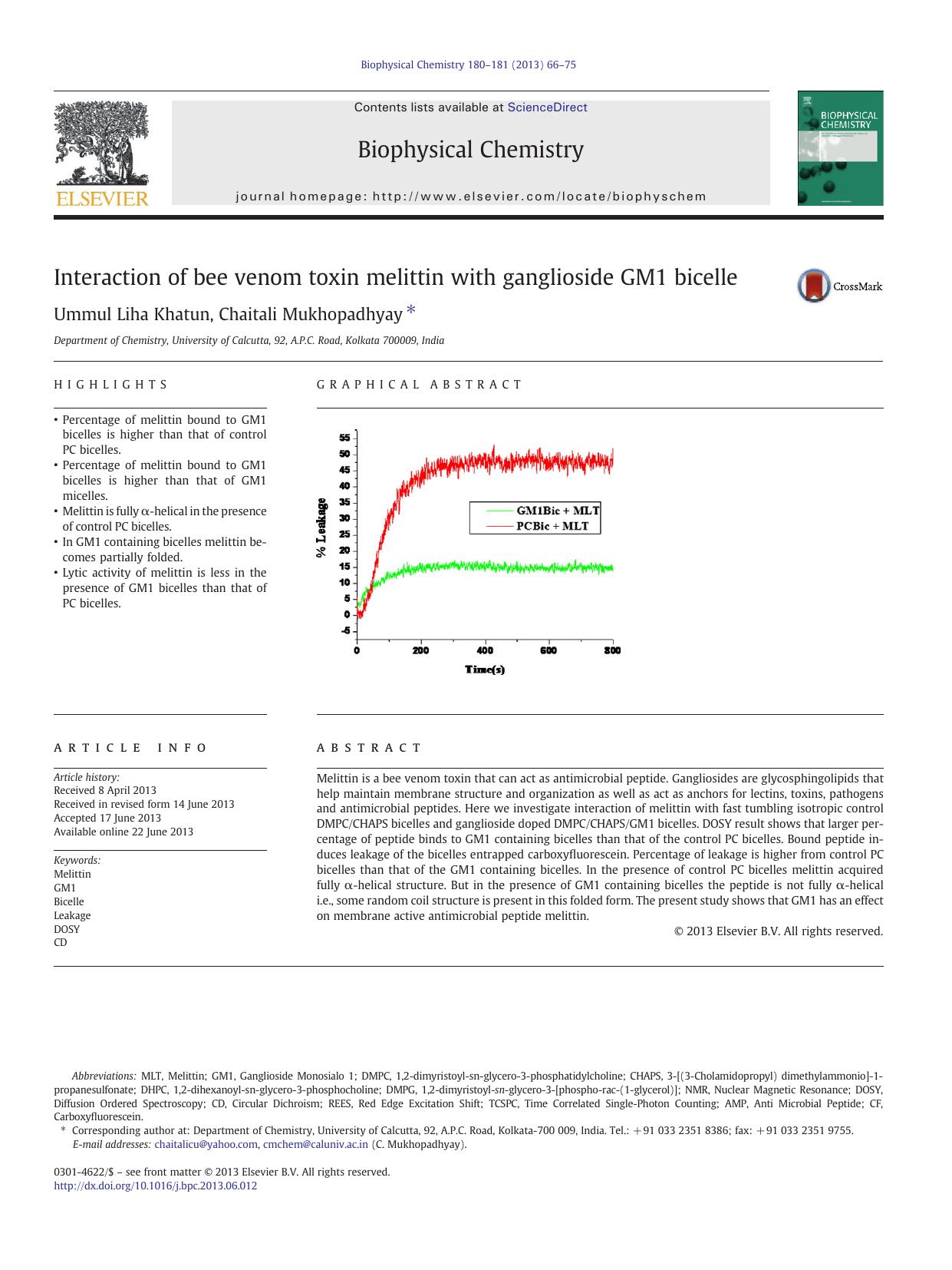 Interaction of bee venom toxin melittin with ganglioside GM1 bicelle by Ummul Liha Khatun & Chaitali Mukhopadhyay