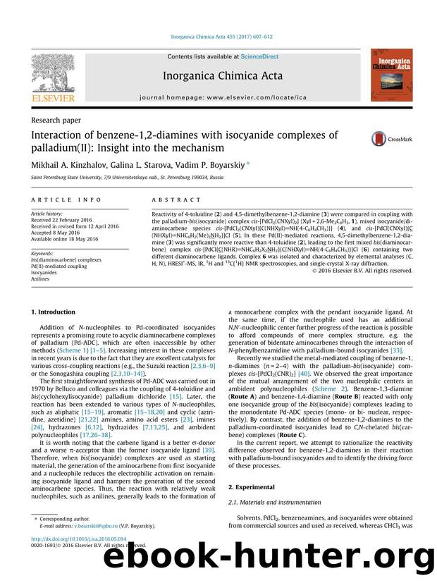 Interaction of benzene-1,2-diamines with isocyanide complexes of palladium(II): Insight into the mechanism by Mikhail A. Kinzhalov & Galina L. Starova & Vadim P. Boyarskiy