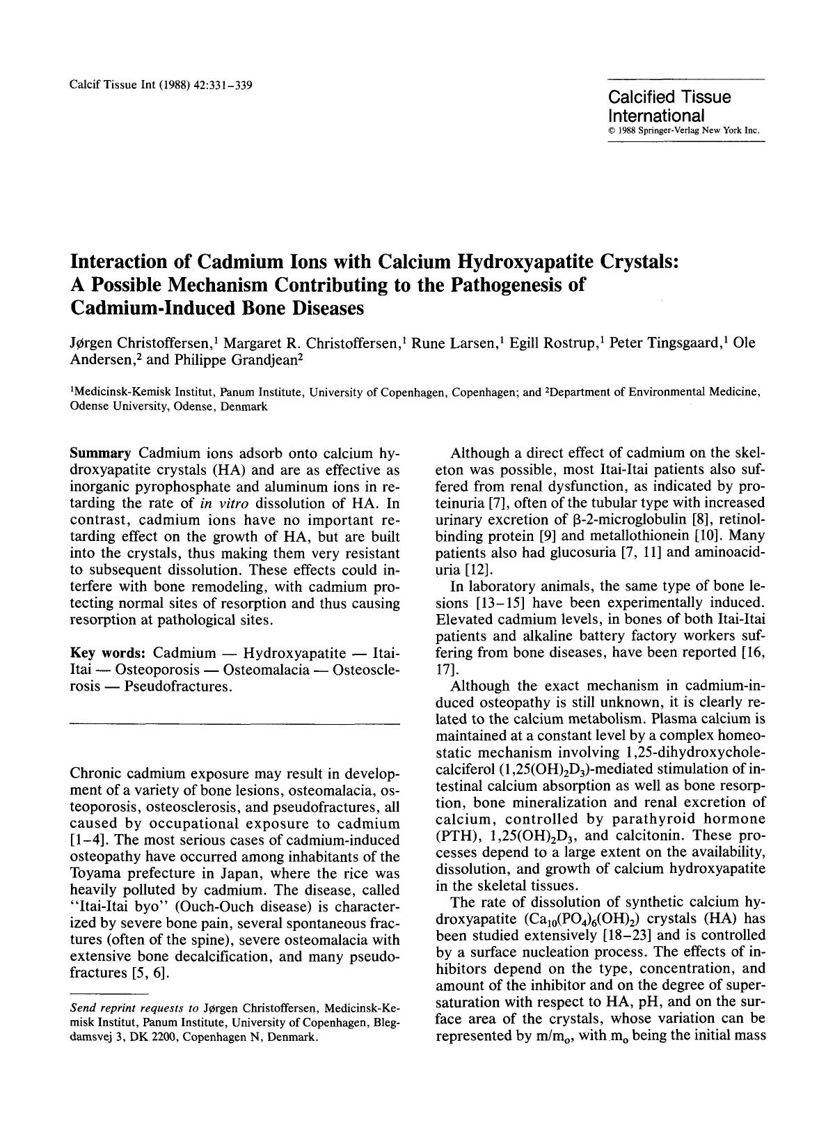 Interaction of cadmium ions with calcium hydroxyapatite crystals: a possible mechanism contributing to the pathogenesis of cadmium-induced bone diseases by Unknown