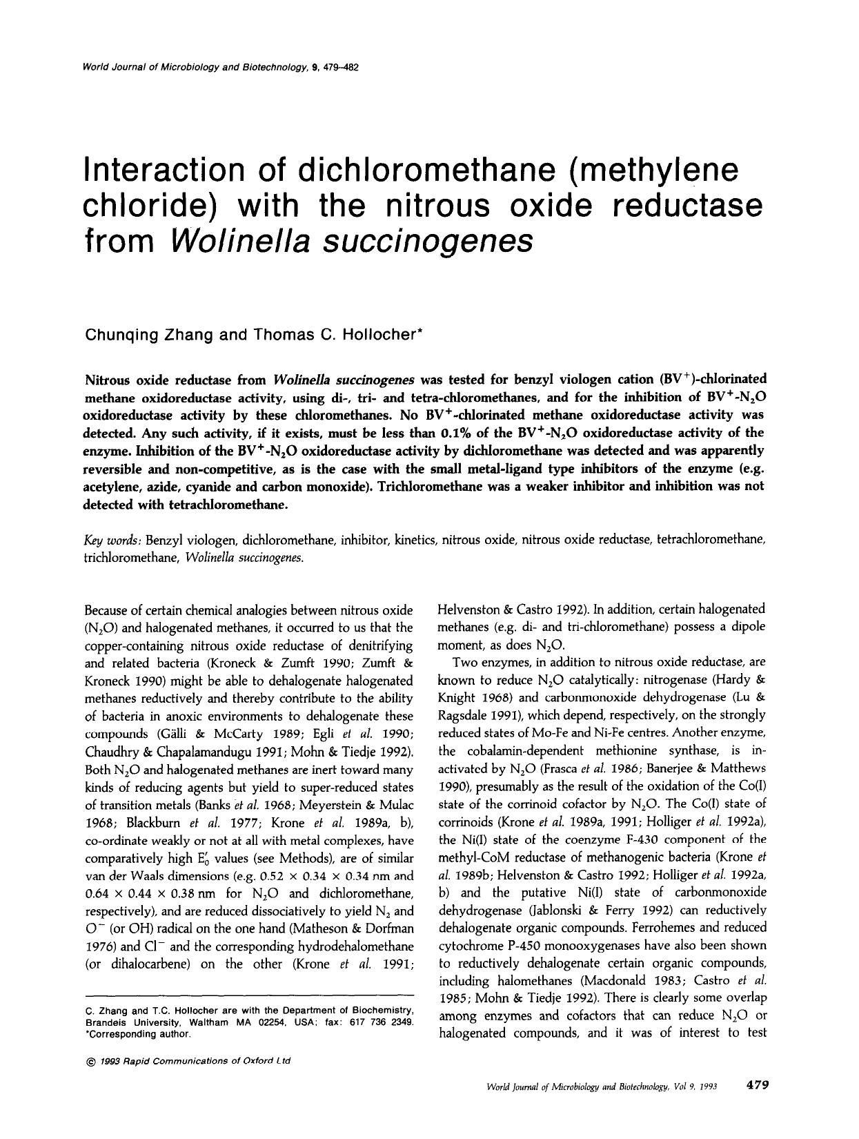 Interaction of dichloromethane (methylene chloride) with the nitrous oxide reductase from <Emphasis Type="Italic">Wolinella succinogenes<Emphasis> by Unknown