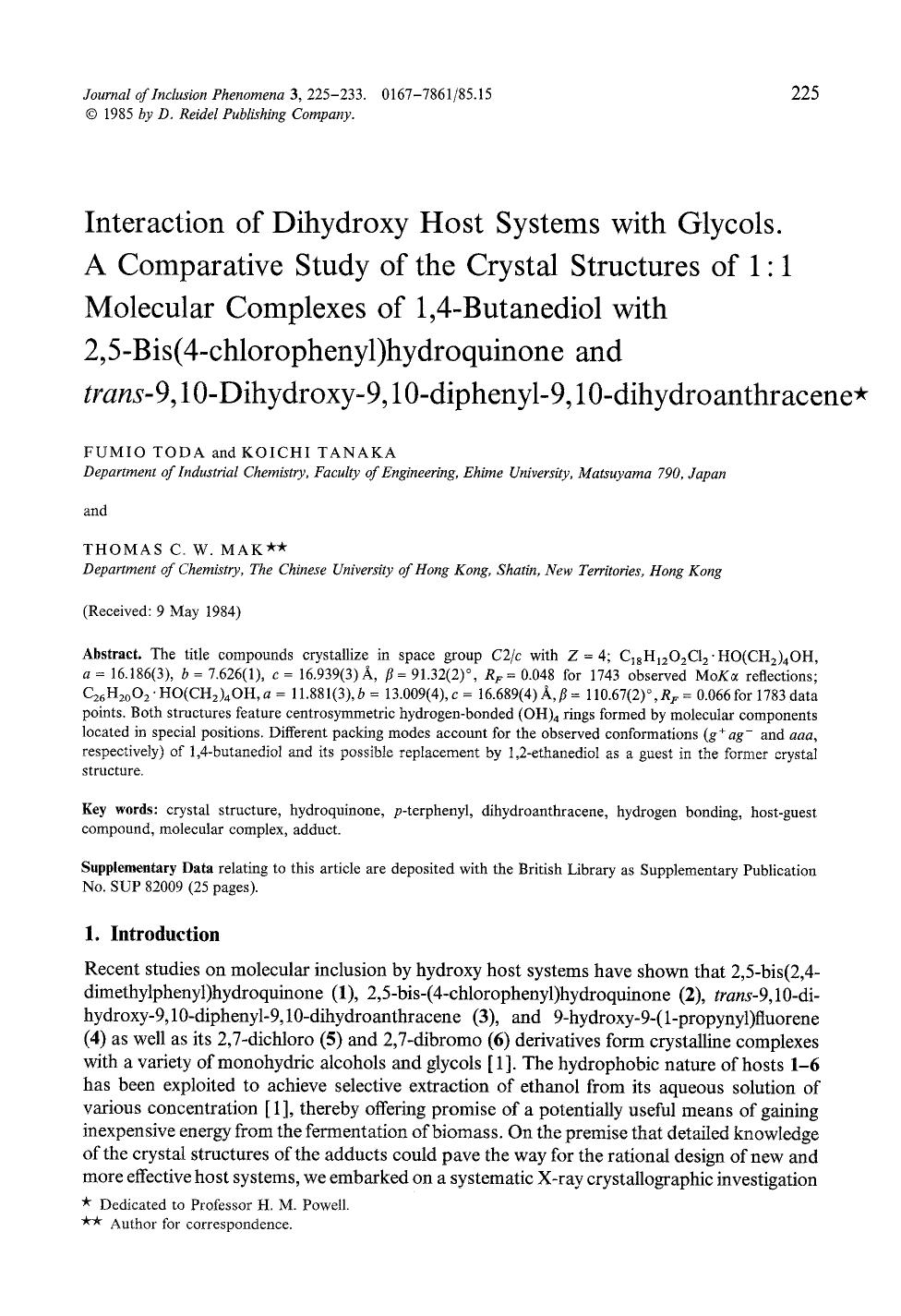 Interaction of dihydroxy host systems with glycols. A comparative study of the crystal structures of 1:1 molecular complexes of 1,4-butanediol with 2,5-bis(4-chlorophenyl)hydroquin by Unknown