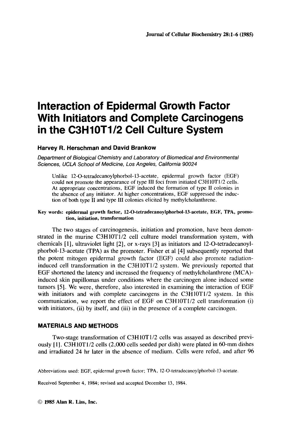 Interaction of epidermal growth factor with initiators and complete carcinogens in the C3H10T12 cell culture System by Unknown