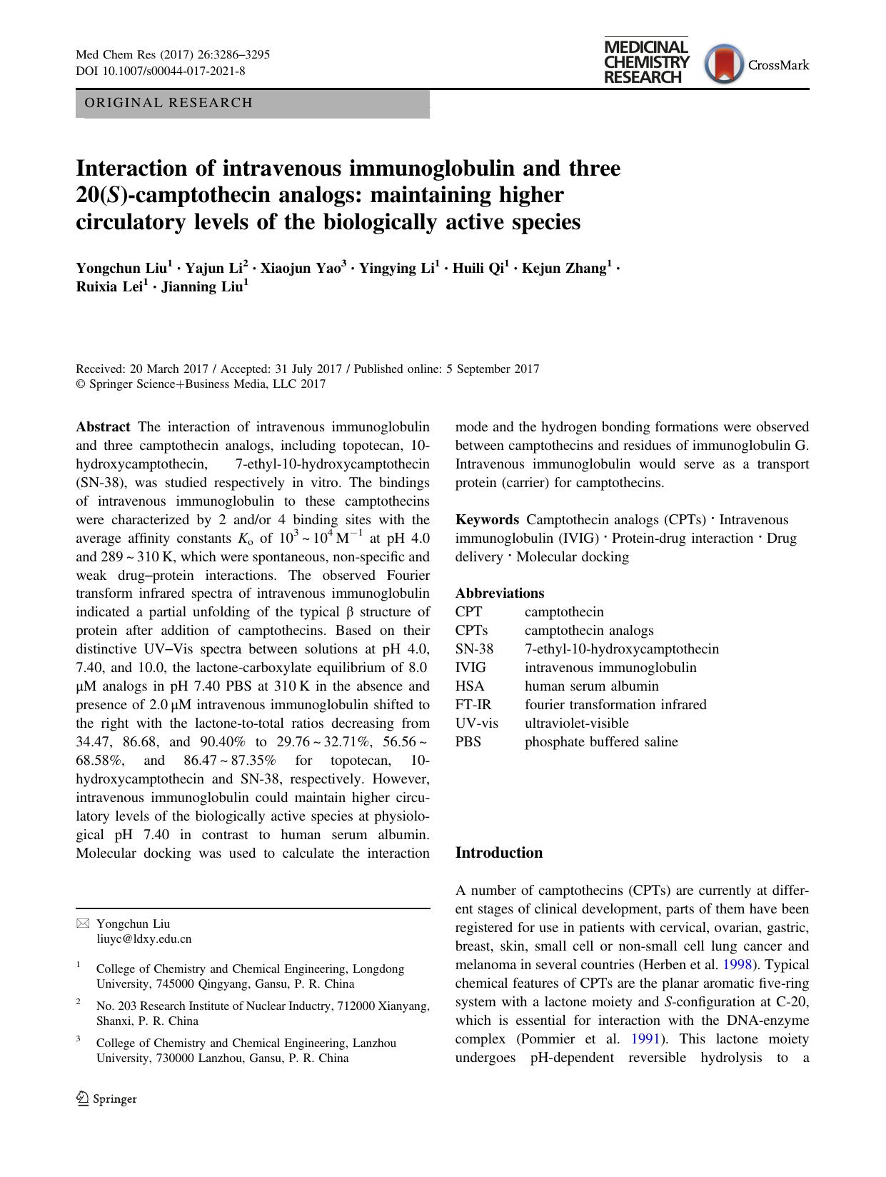 Interaction of intravenous immunoglobulin and three 20(S)-camptothecin analogs: maintaining higher circulatory levels of the biologically active species by unknow