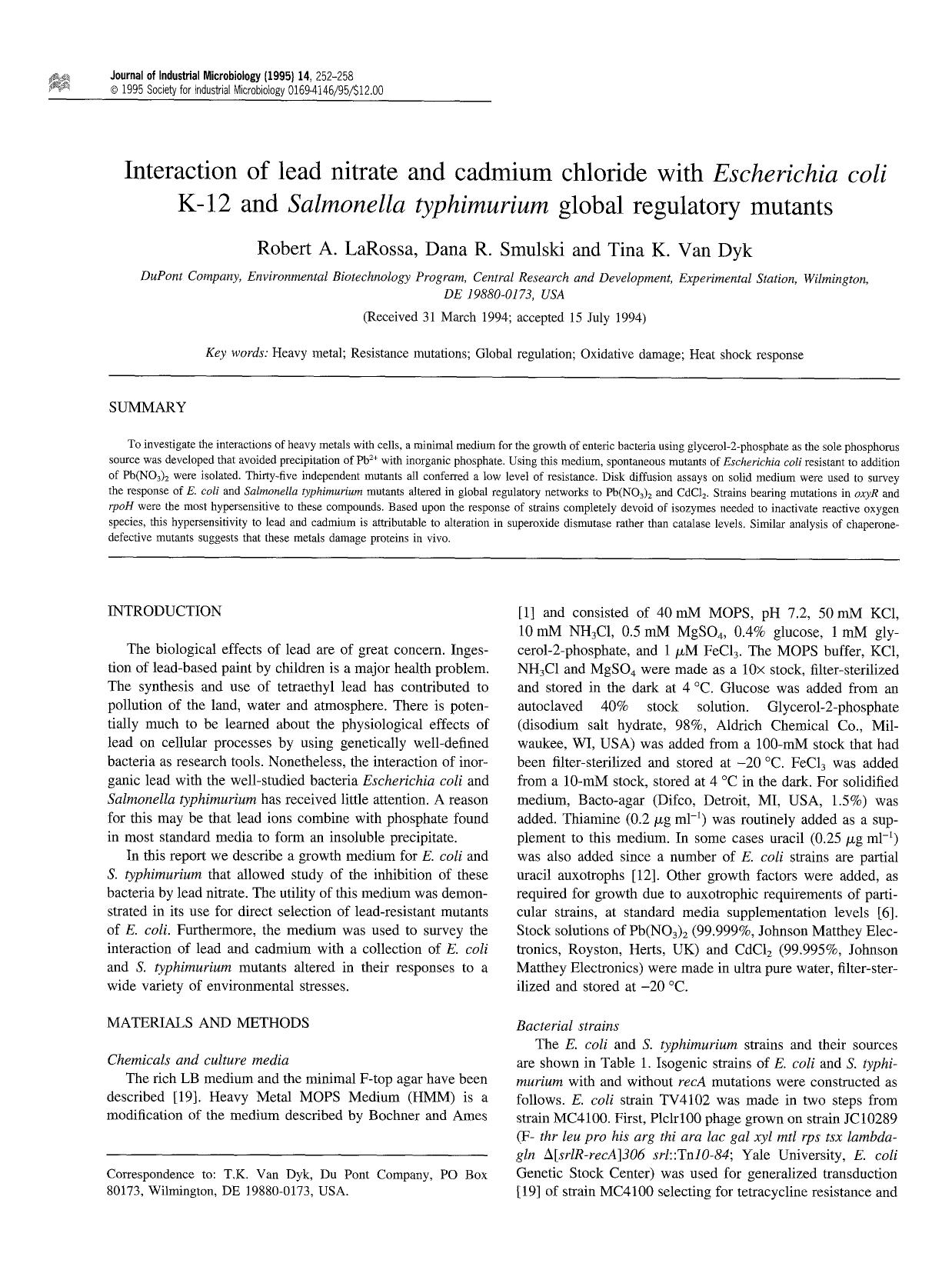 Interaction of lead nitrate and cadmium chloride with <Emphasis Type="Italic">Escherichia coli <Emphasis> K-12 and <Emphasis Type="Italic">Salmonella typhimurium <Emphasis> global regulatory mutants by Unknown