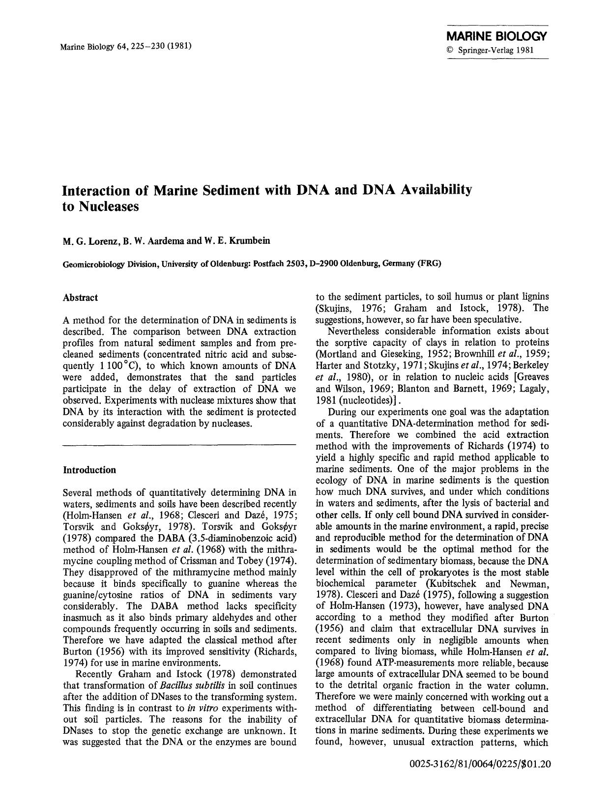 Interaction of marine sediment with DNA and DNA availability to nucleases by Unknown