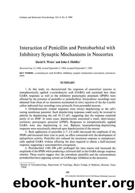 Interaction of penicillin and pentobarbital with inhibitory synaptic mechanisms in neocortex by Unknown