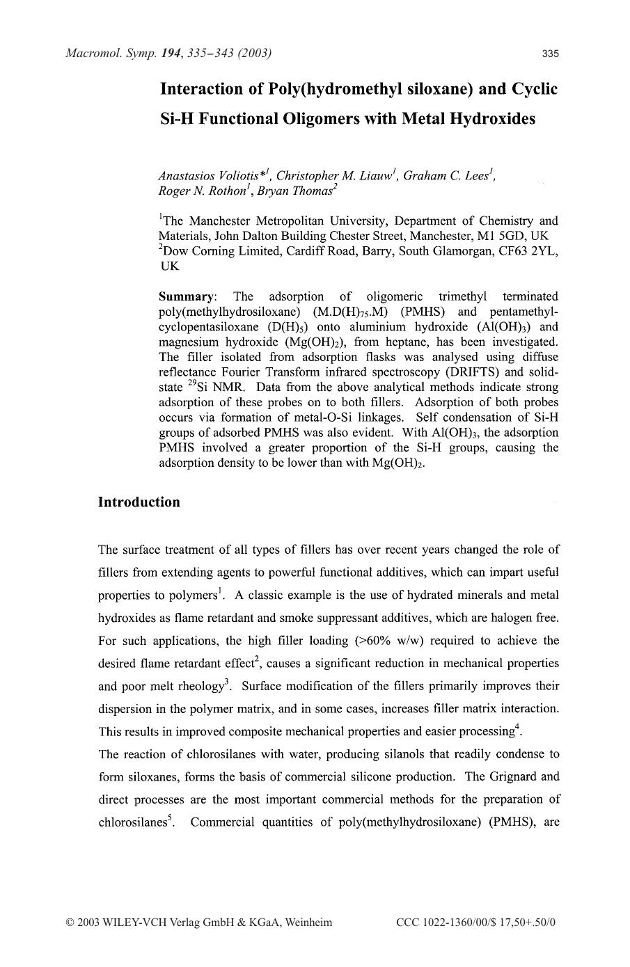 Interaction of poly(hydromethyl siloxane) and cyclic Si-H functional oligomers with metal hydroxides by Unknown