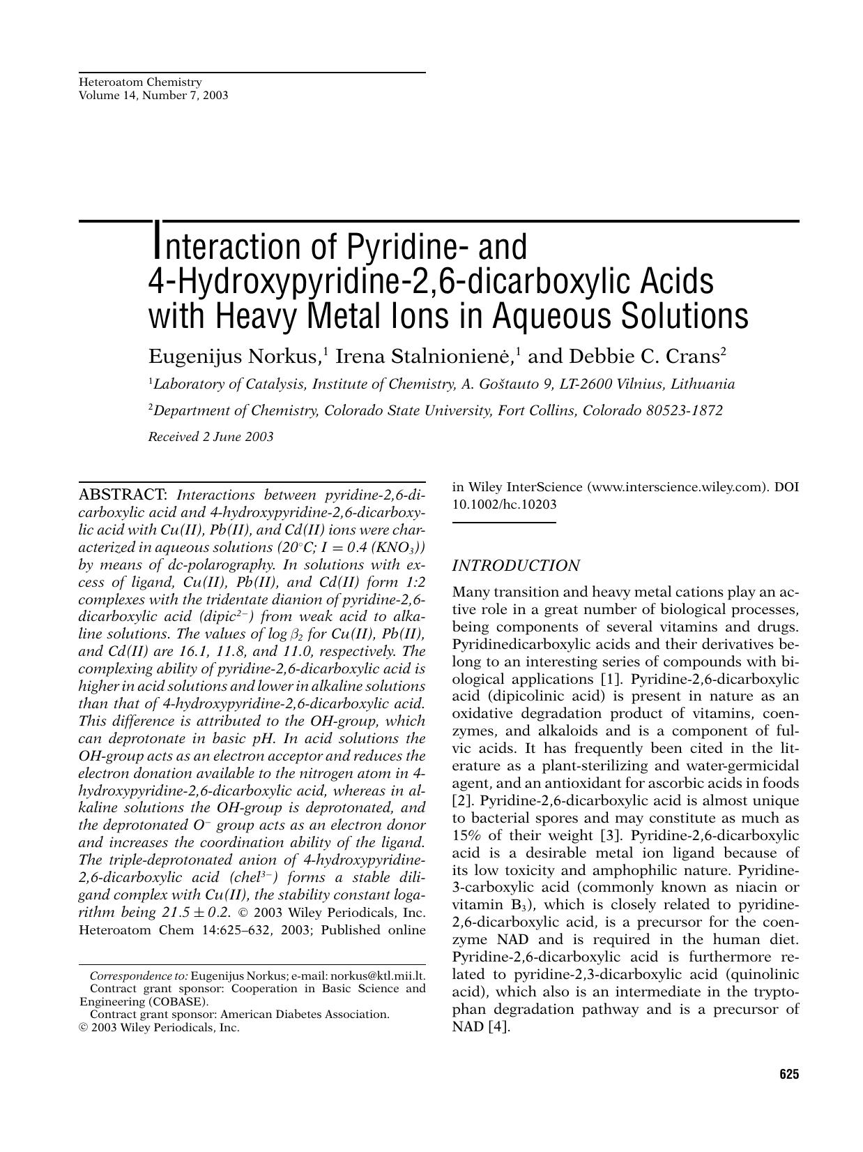 Interaction of pyridine- and 4-hydroxypyridine-2,6-dicarboxylic acids with heavy metal ions in aqueous solutions by pinnacle