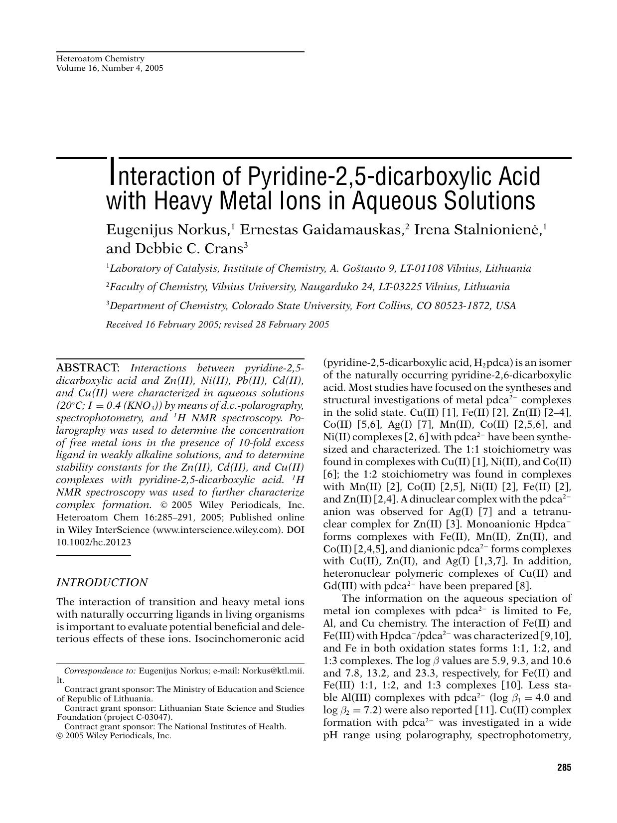Interaction of pyridine-2,5-dicarboxylic acid with heavy metal ions in aqueous solutions by fhk