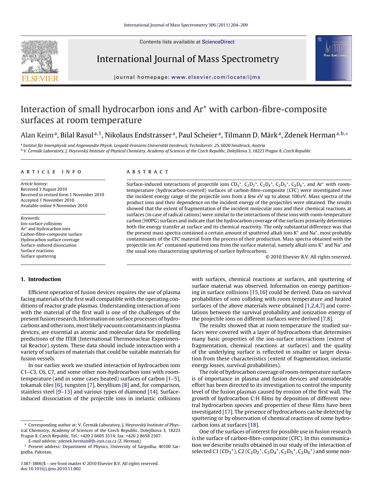 Interaction of small hydrocarbon ions and Ar+ with carbon-fibre-composite surfaces at room temperature by Alan Keim