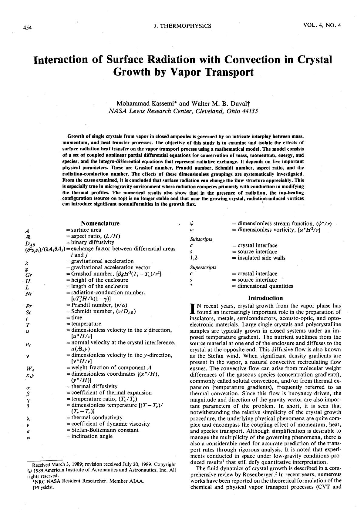 Interaction of surface radiation with convection in crystal growth by physical vapor transport by Unknown