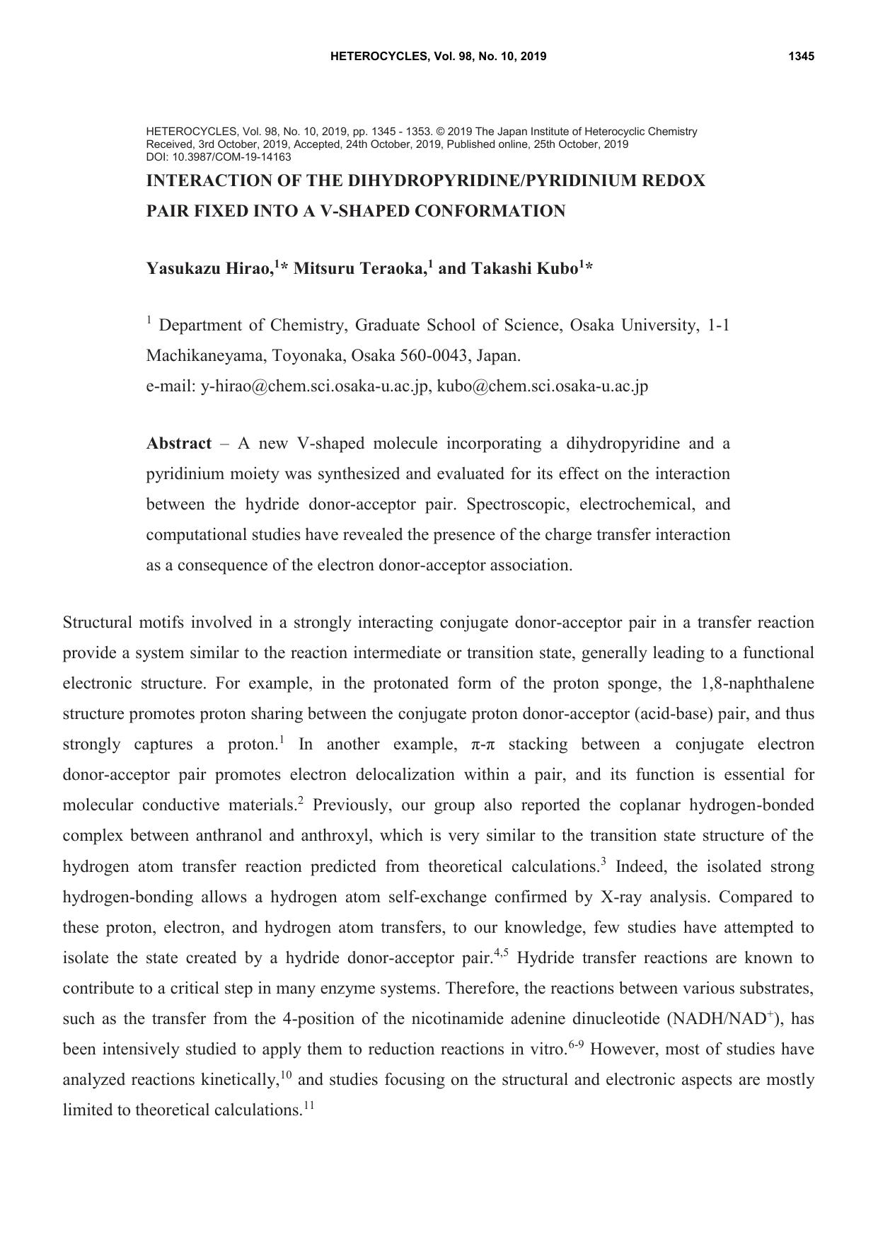 Interaction of the PyridiniumDihydropyridine Redox Pair Fixed into a V-Shaped Conformation by Hirao Yasukazu