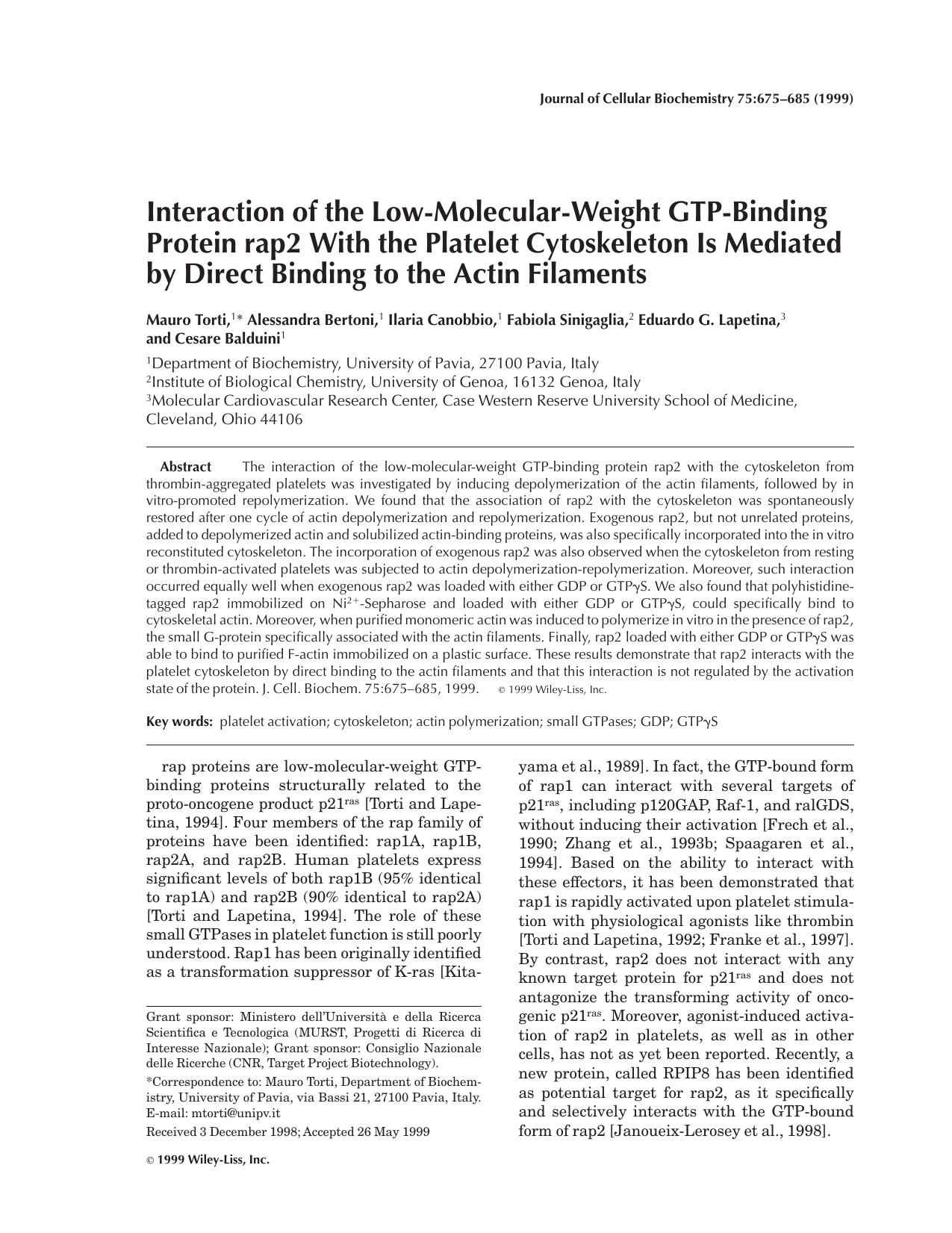 Interaction of the low-molecular-weight GTP-binding protein rap2 with the platelet cytoskeleton is mediated by direct binding to the actin filaments by Unknown
