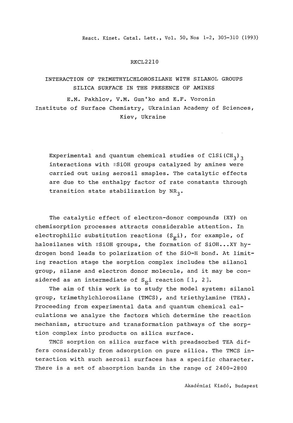 Interaction of trimethylchlorosilane with silanol groups silica surface in the presence of amines by Unknown