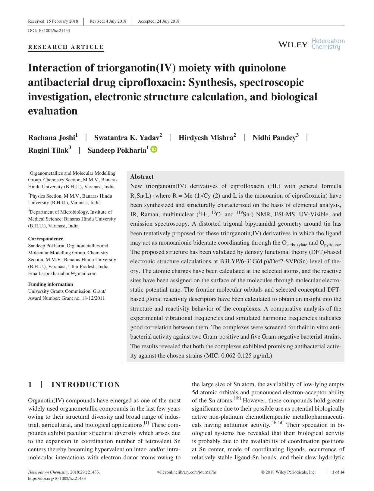 Interaction of triorganotin(IV) moiety with quinolone antibacterial drug ciprofloxacin: Synthesis, spectroscopic investigation, electronic structure calculation, and biological evaluation by Unknown