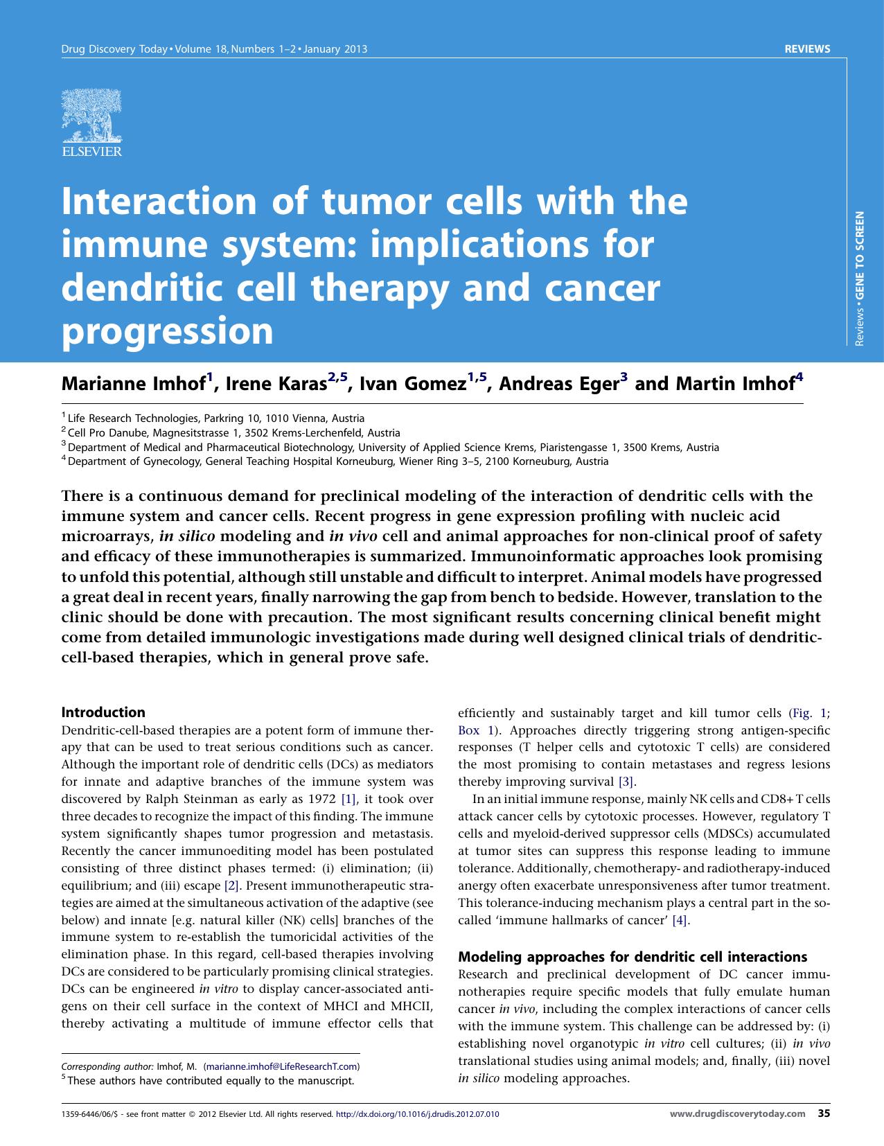 Interaction of tumor cells with the immune system: implications for dendritic cell therapy and cancer progression by Marianne Imhof