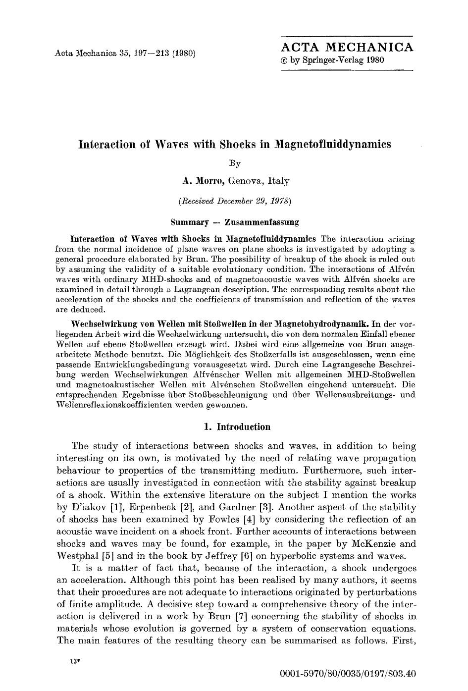 Interaction of waves with shocks in magnetofluiddynamics by Unknown