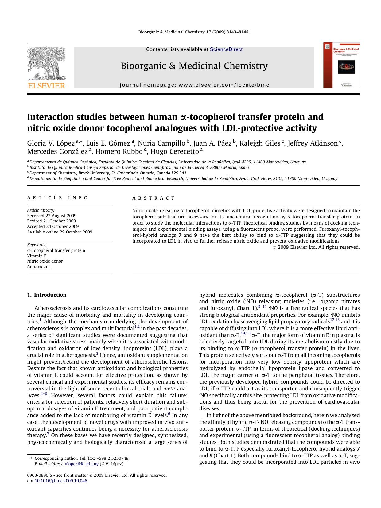 Interaction studies between human Î±-tocopherol transfer protein and nitric oxide donor tocopherol analogues with LDL-protective activity by unknow