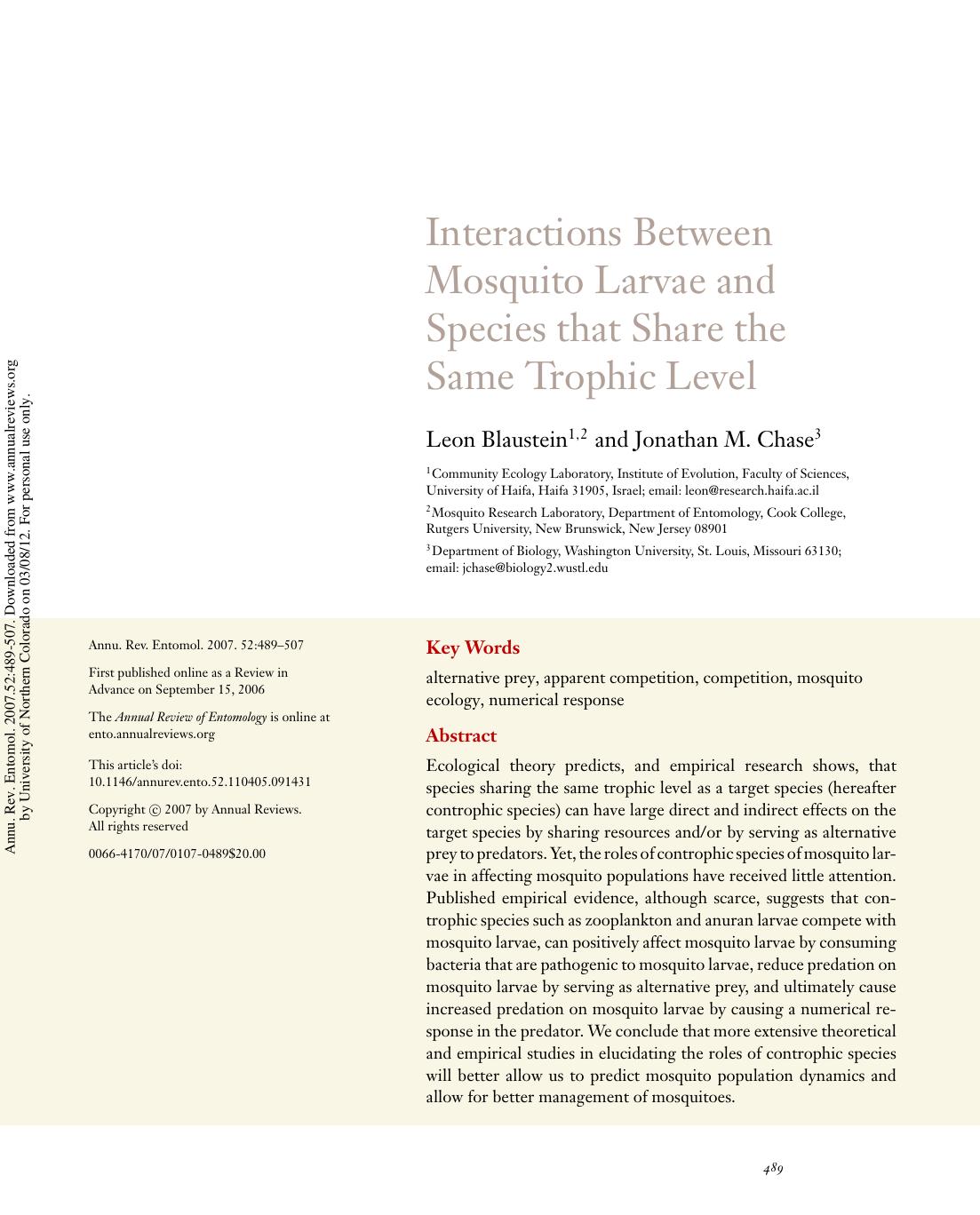 Interactions Between Mosquito Larvae and Species that Share the Same Trophic Level by Leon Blaustein1 2 & Jonathan M. Chase3