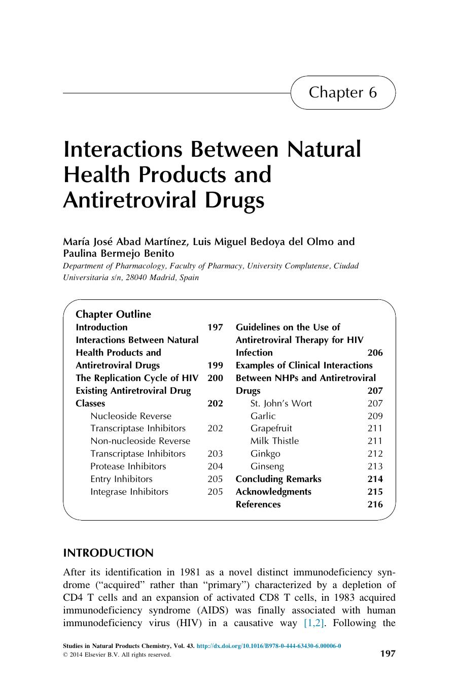 Interactions Between Natural Health Products and Antiretroviral Drugs by Mara Jos Abad Martnez & Luis Miguel Bedoya del Olmo & Paulina Bermejo Benito