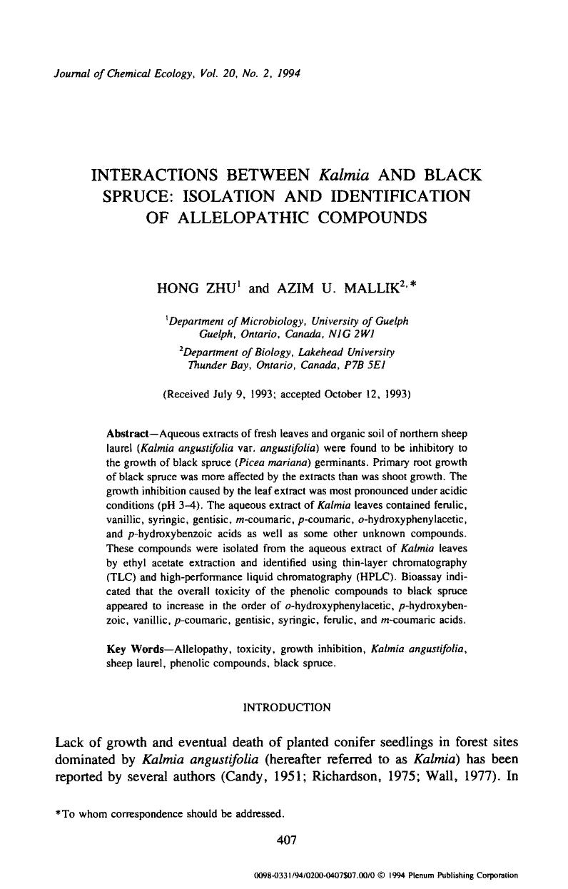 Interactions between <Emphasis Type="Italic">Kalmia <Emphasis> and black spruce: Isolation and identification of allelopathic compounds by Unknown