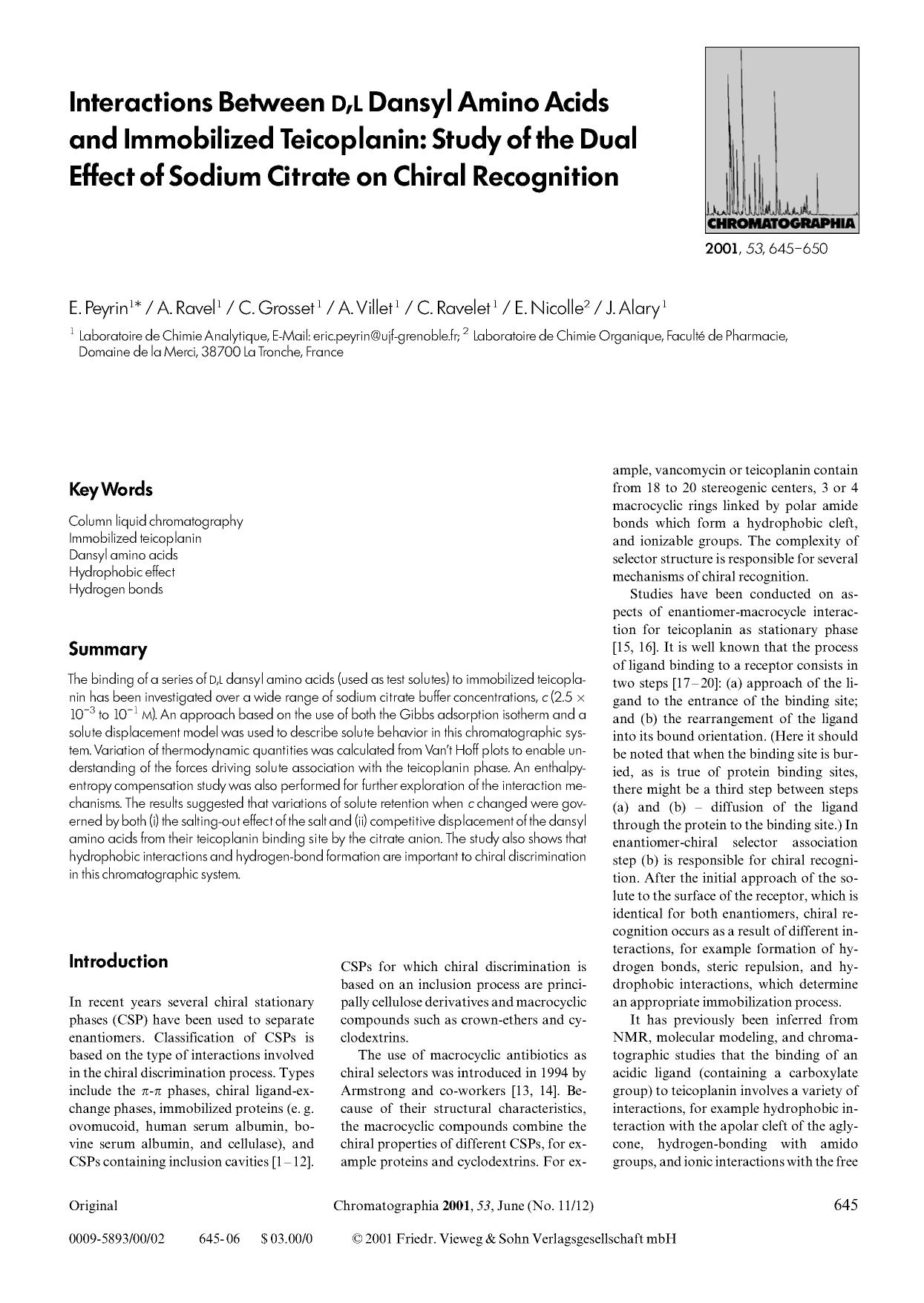 Interactions between D,L dansyl amino acids and immobilized teicoplanin: Study of the dual effect of sodium citrate on chiral recognition by Unknown