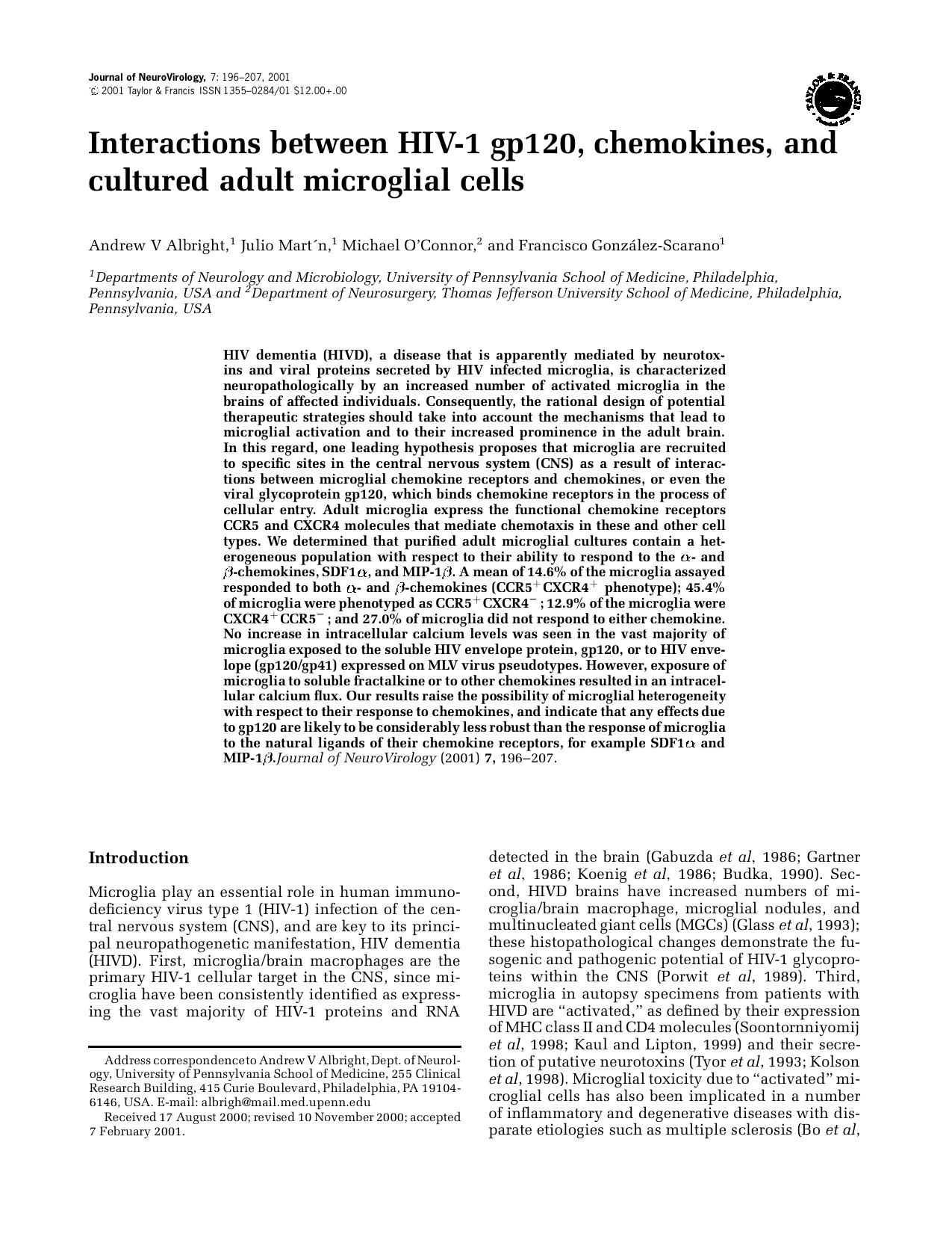 Interactions between HIV-1 gp120, chemokines, and cultured adult microglial cells by Unknown