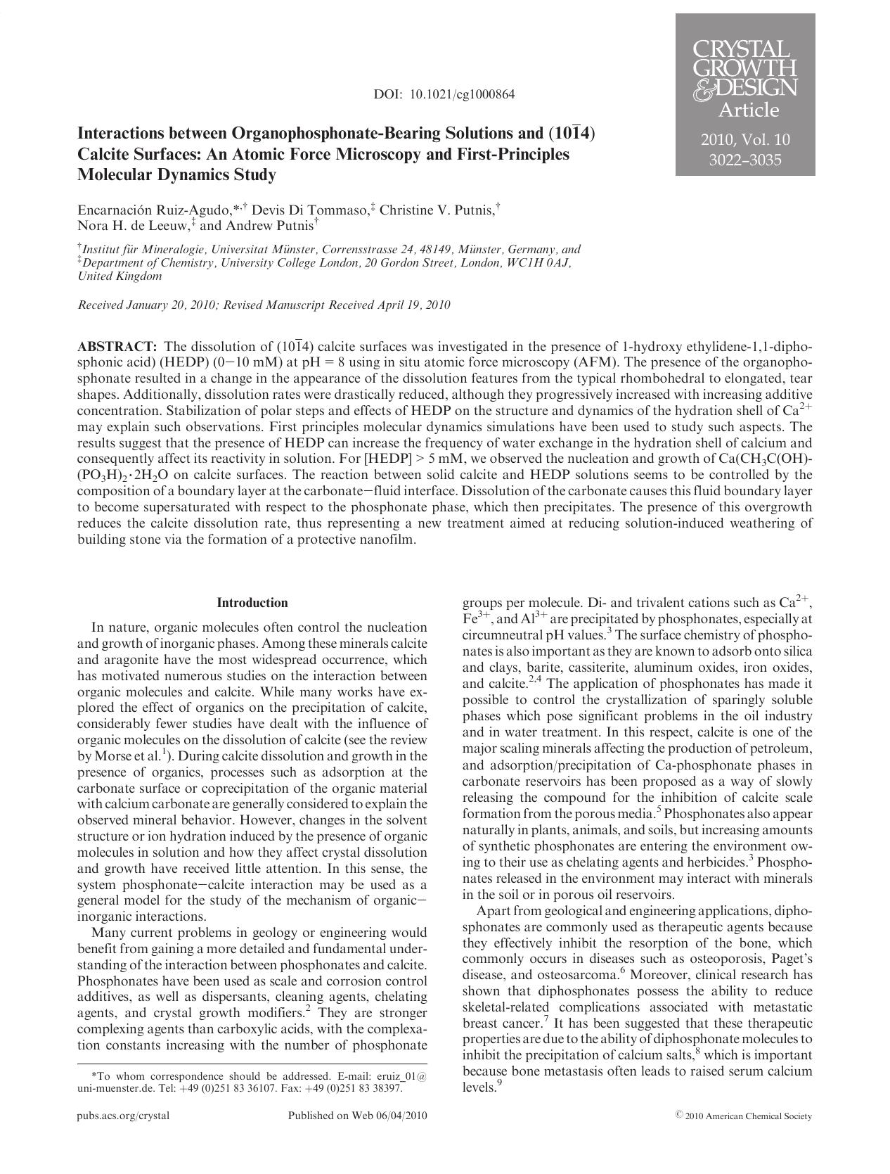 Interactions between Organophosphonate-Bearing Solutions and (1014) Calcite Surfaces: An Atomic Force Microscopy and First-Principles Molecular Dynamics Study by Unknown
