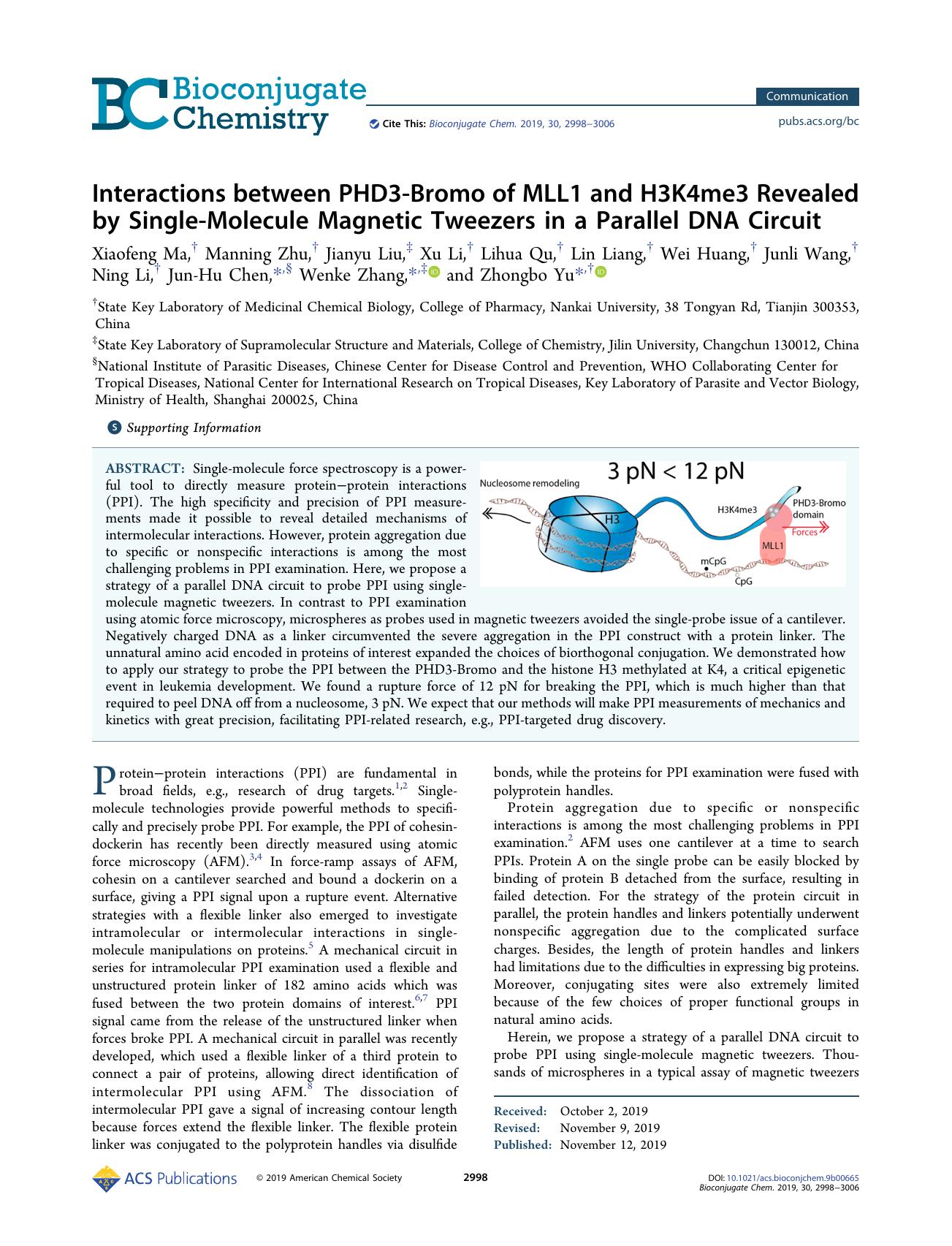 Interactions between PHD3-Bromo of MLL1 and H3K4me3 Revealed by Single-Molecule Magnetic Tweezers in a Parallel DNA Circuit by unknow